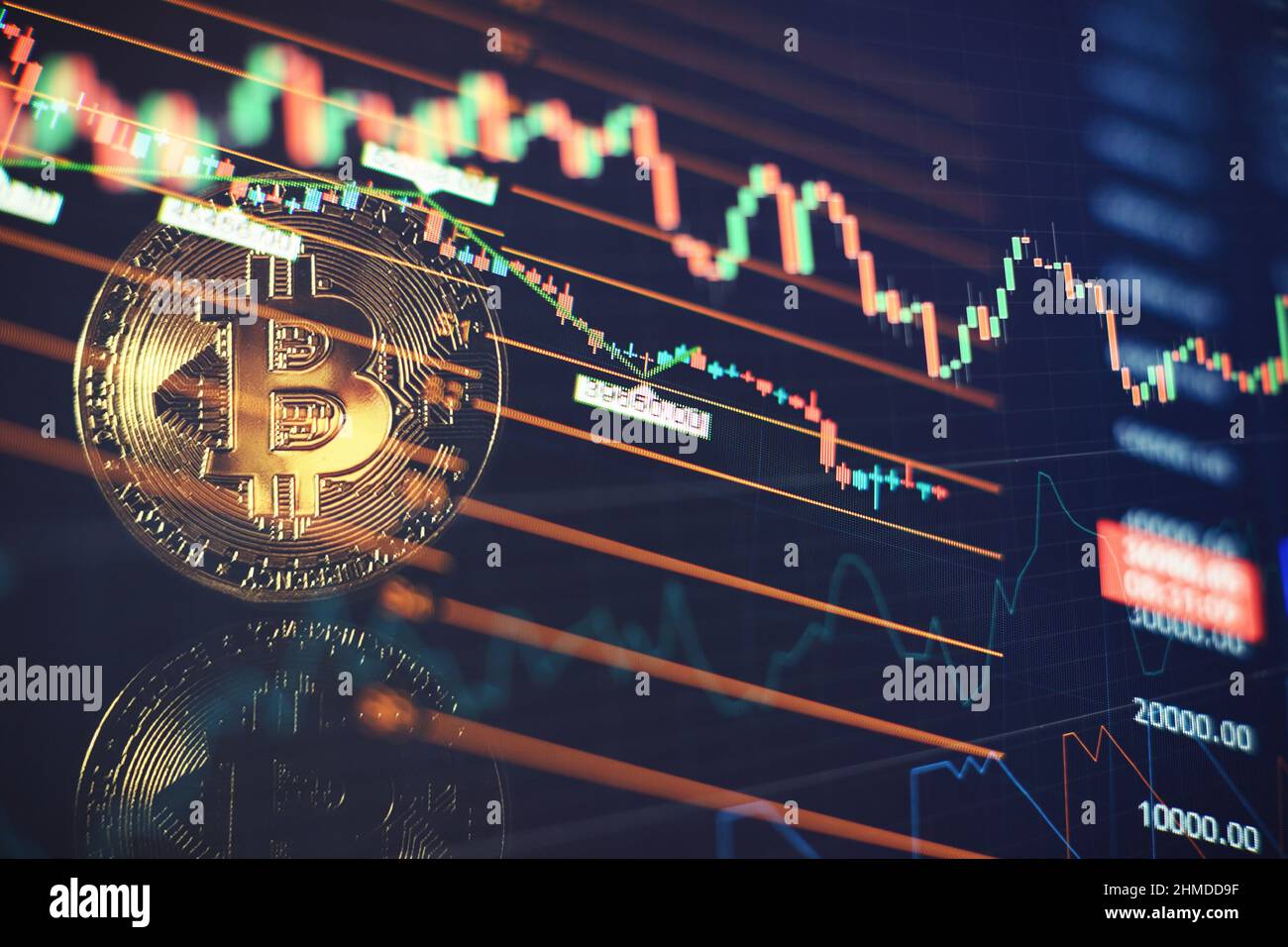 Gold bitcoins with Candle stick graph chart and digital background