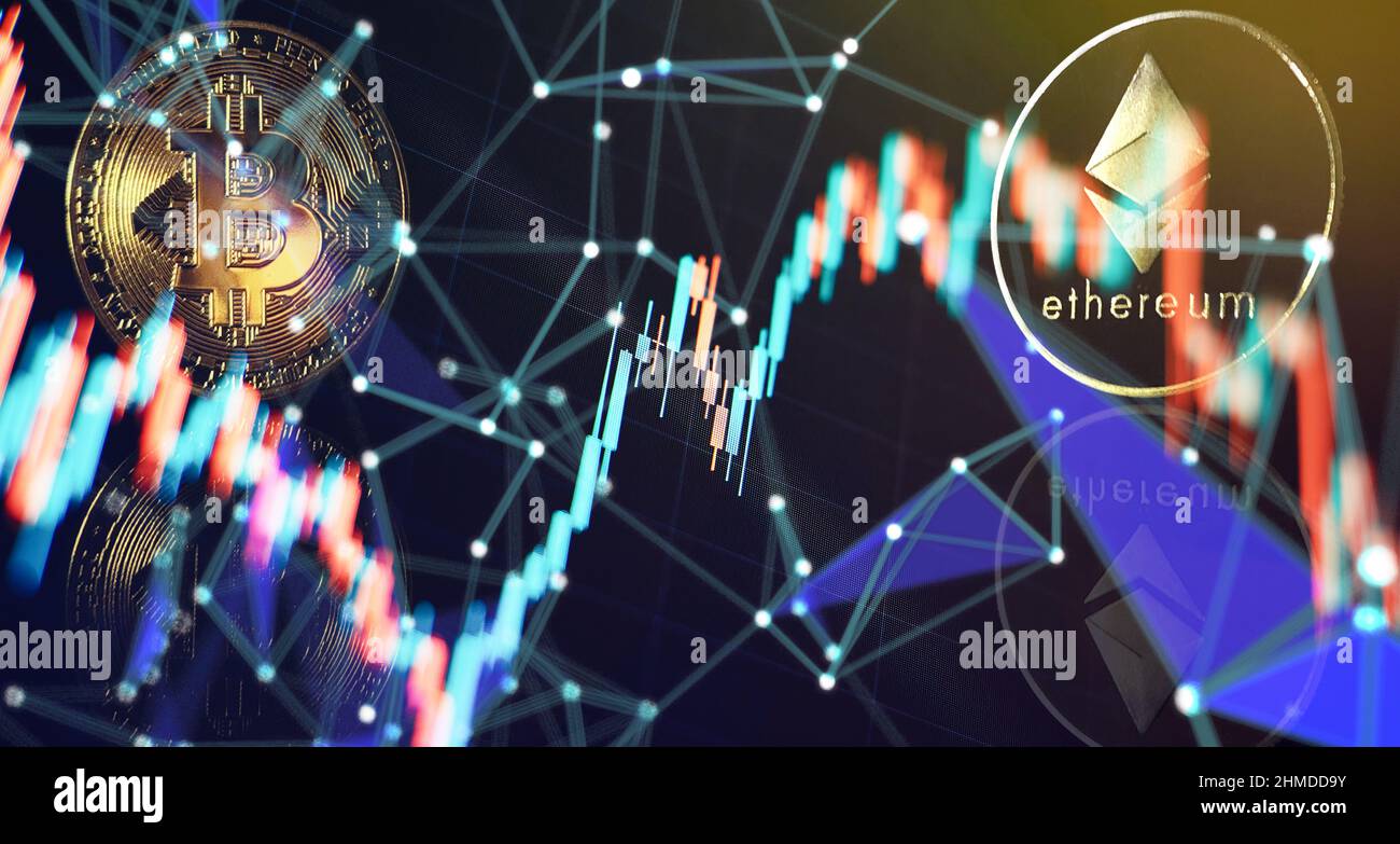 Gold Bitcoins With Candle Stick Graph Chart And Digital Background ...