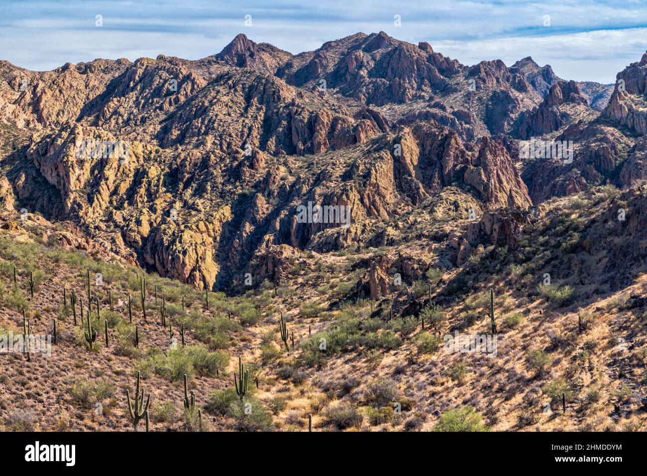 Unnamed rock formations, Superstition Wilderness area, view from Apache Trail (Road 88), near Apache Gap, over Canyon Lake, Arizona, USA Stock Photo