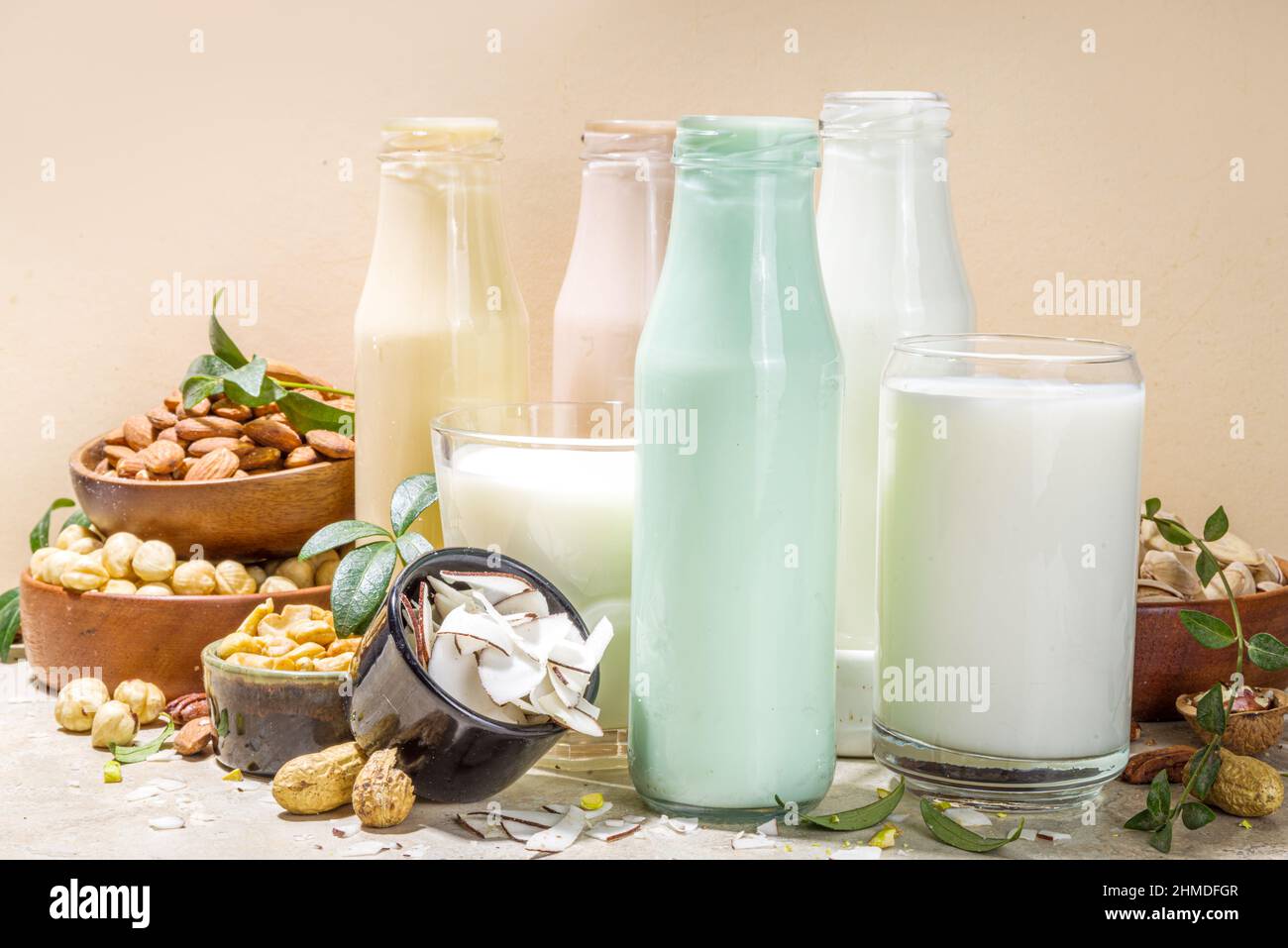 keto, paleo and vegan diet concept. Set of nut milks, bottles with