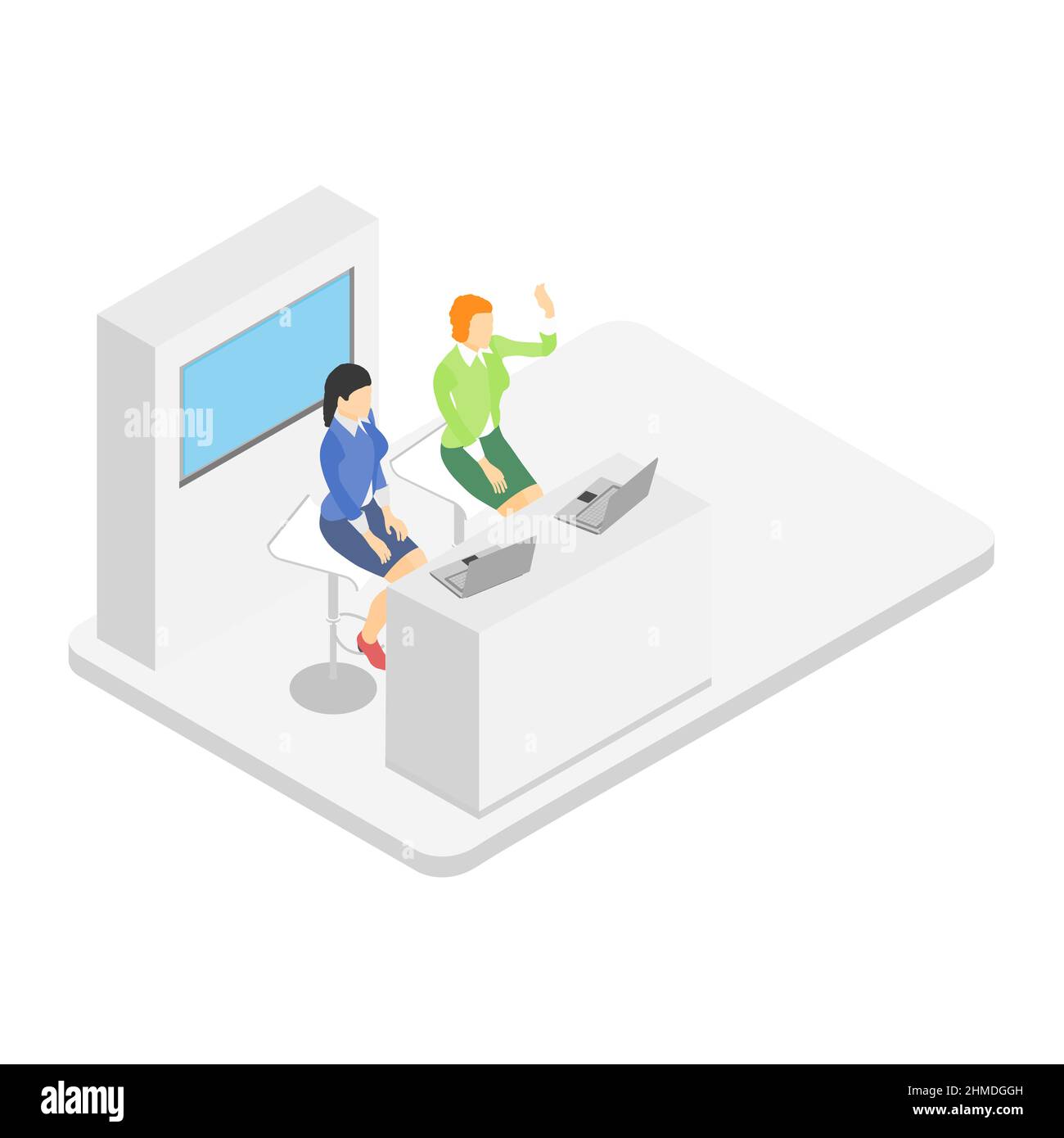 Reception area with two girls sitting on chairs behind laptops. Flat style. Isometric view. 3D. Vector illustration. Stock Vector