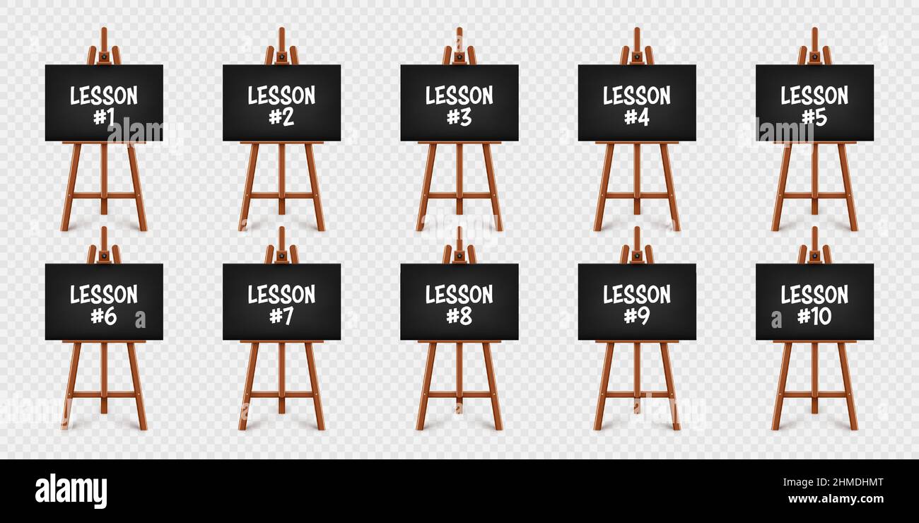 Realistic paint desk with text on black canvas. Wooden easel and a sheet of  drawing paper. Presentation board on a tripod. Distance education, online  Stock Vector Image & Art - Alamy
