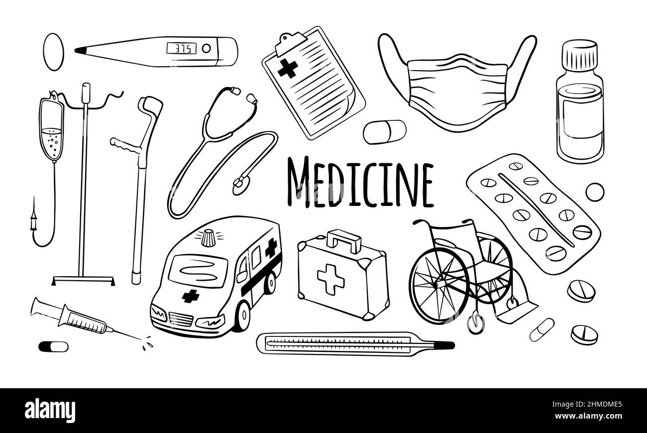 Medical doodles set. Hand drawn icons isolated on white background. Vector illustration. Stock Vector