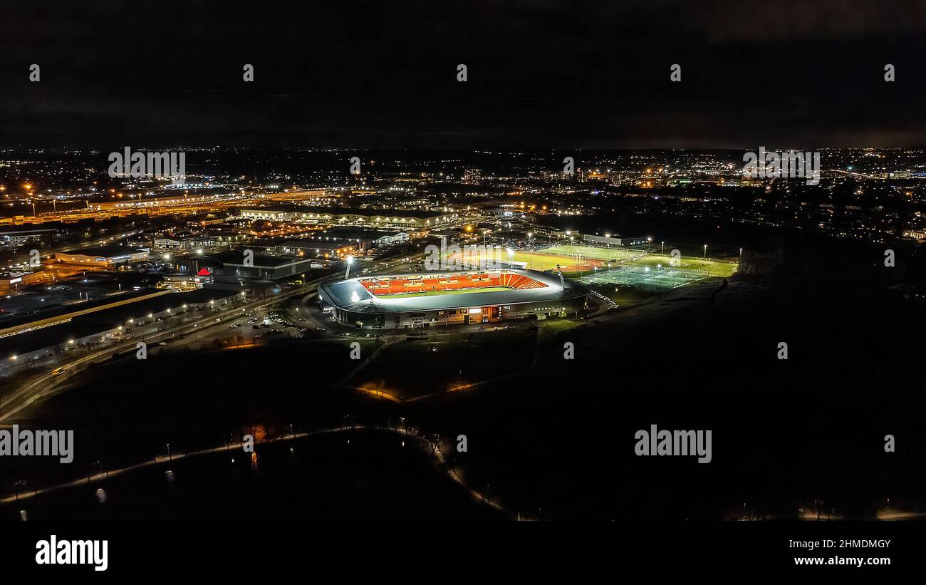 An aerial view at night of the Doncaster Rovers stadium and Lakeside Sports Complex in Doncaster, South Yorkshire, UK Stock Photo
