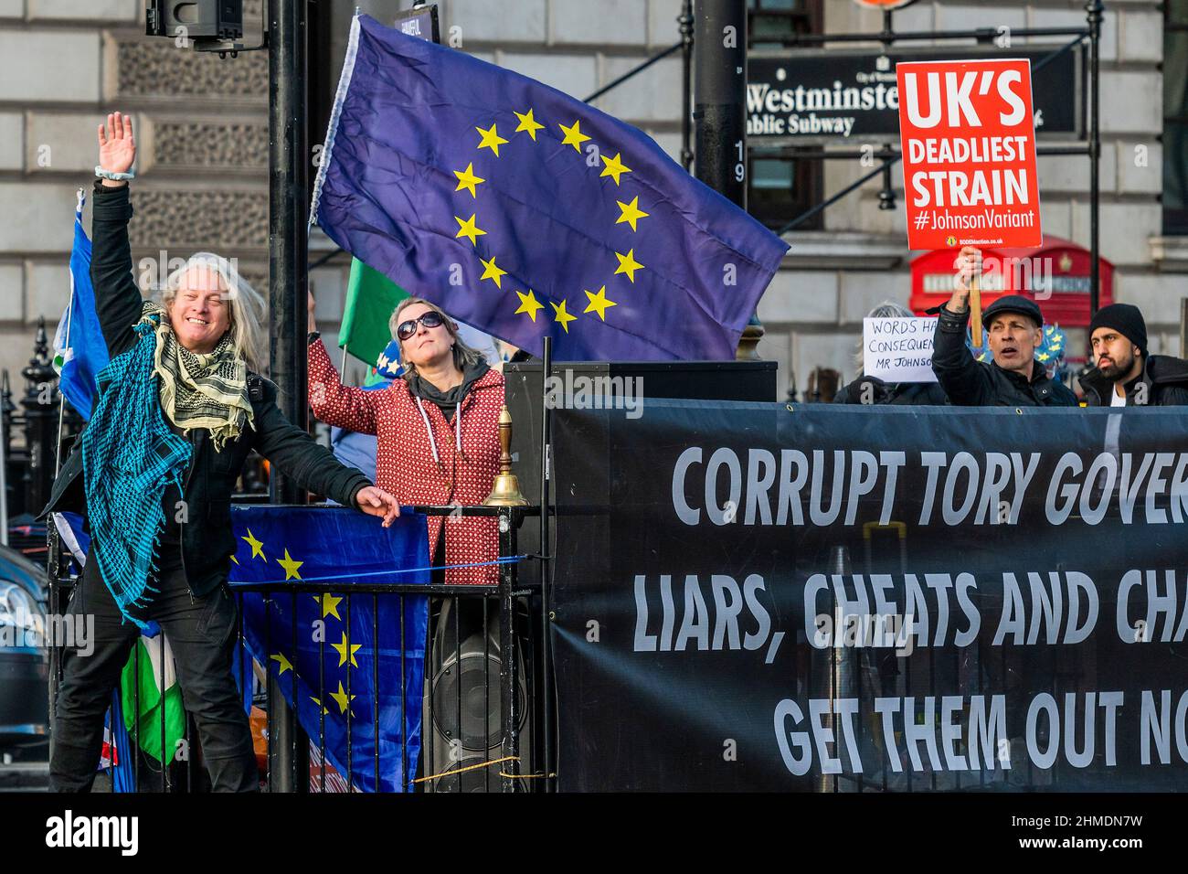 London, UK. 9th Feb, 2022. SODEM (Pro EU) protest, led by Steve Bray, now accuse the Prime minister and his party of being 'corrupt' and 'liars' - Protesters in Westminster on the day of PMQ's. Boris Johnsons returns to Prime Minister's Questions (PMQ's) as his troubled times continue. Credit: Guy Bell/Alamy Live News Stock Photo