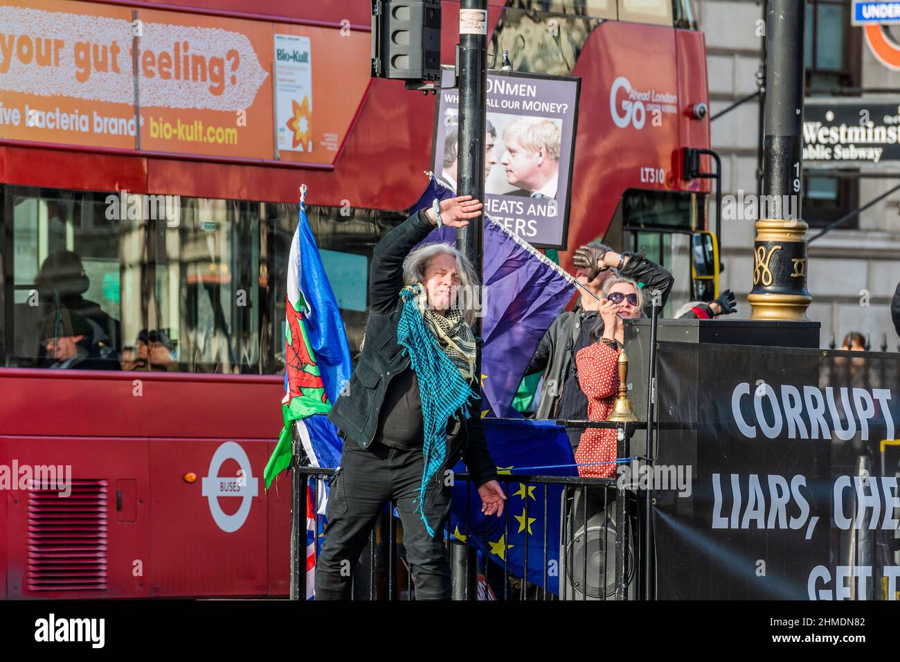 London, UK. 9th Feb, 2022. Gut feeling - SODEM (Pro EU) protest, led by Steve Bray, now accuse the Prime minister and his party of being 'corrupt' and 'liars' - Protesters in Westminster on the day of PMQ's. Boris Johnsons returns to Prime Minister's Questions (PMQ's) as his troubled times continue. Credit: Guy Bell/Alamy Live News Stock Photo