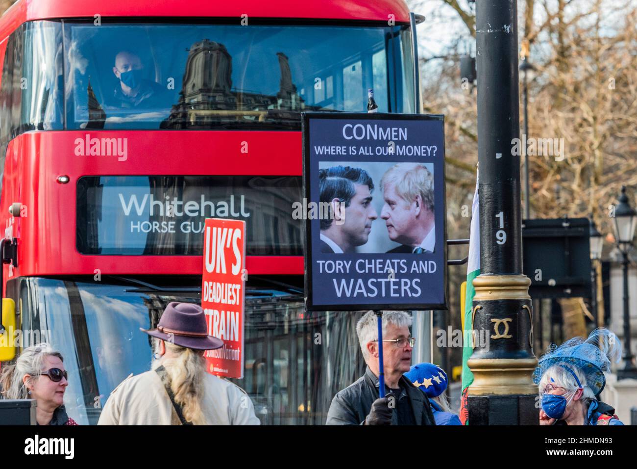 London, UK. 9th Feb, 2022. The man on the 'clapham omnibus' - SODEM (Pro EU) protest, led by Steve Bray, now accuse the Prime minister and his party of being 'corrupt' and 'liars' - Protesters in Westminster on the day of PMQ's. Boris Johnsons returns to Prime Minister's Questions (PMQ's) as his troubled times continue. Credit: Guy Bell/Alamy Live News Stock Photo