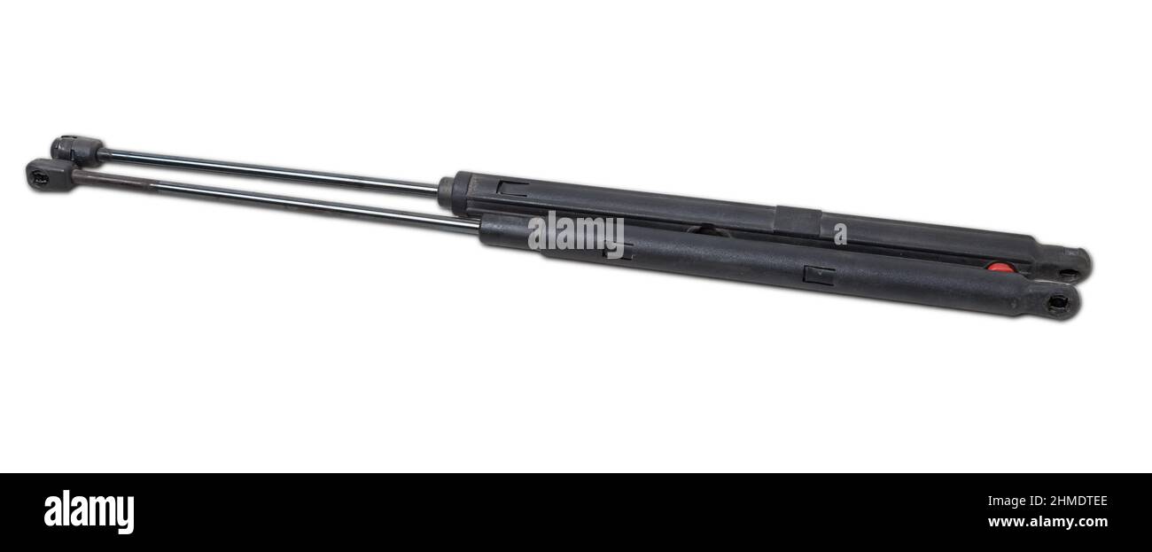 A pair of black metal hood shock absorbers with chrome elements
