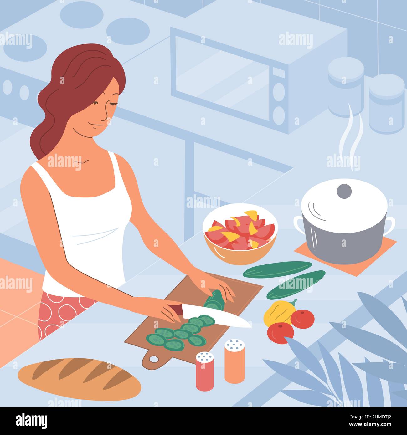 A young woman prepares a homemade dinner in the kitchen. Cuts vegetable salad. Isometric style. Vector cartoon cute illustration Stock Vector