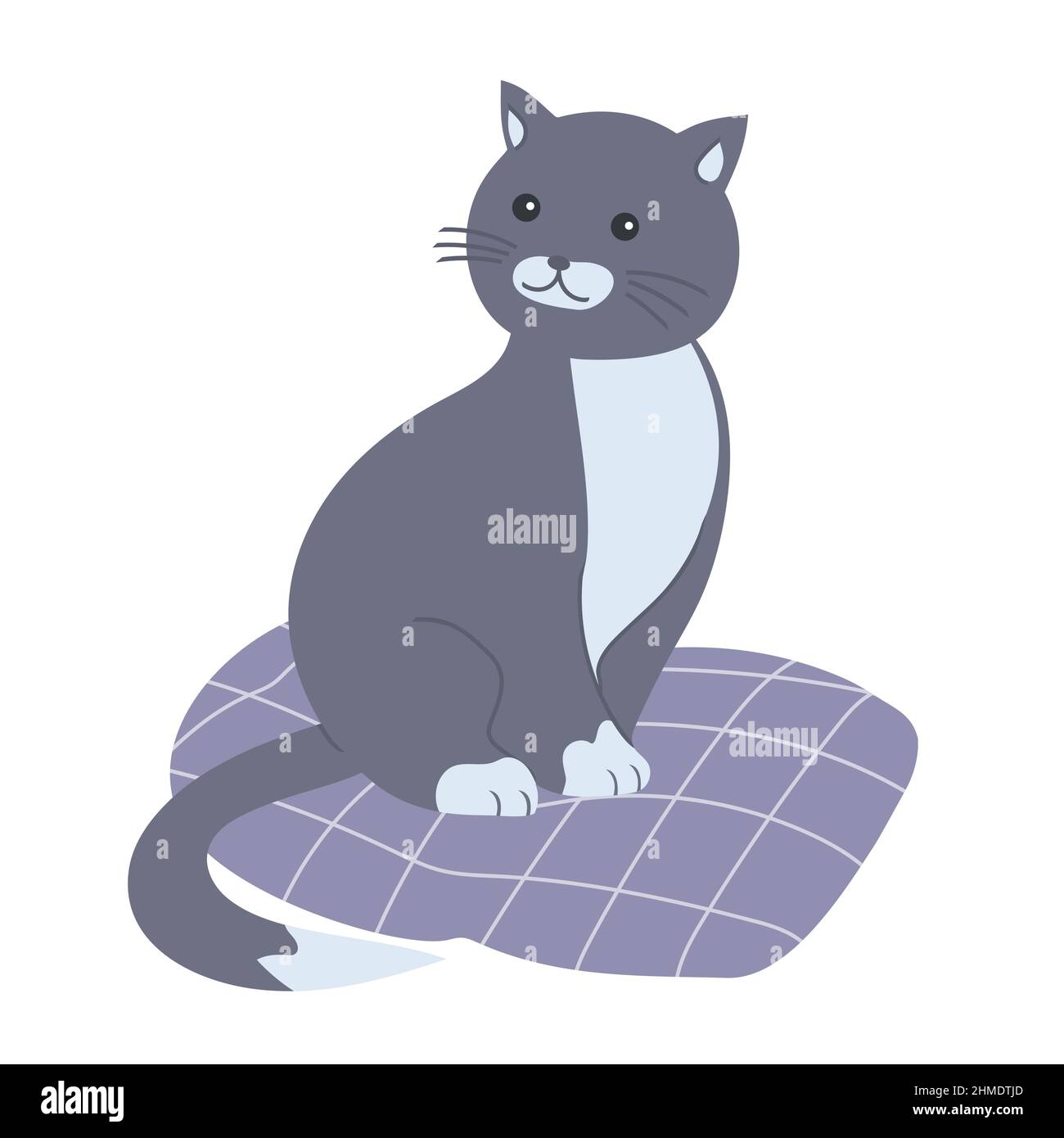 Cartoon cute gray cat on a pillow. Home pet. Vector isolated illustration Stock Vector