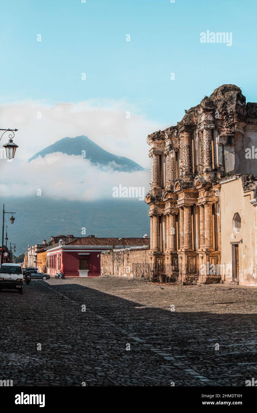 Amazing facade ruins with a view of the mountain in Antigua Guatemala