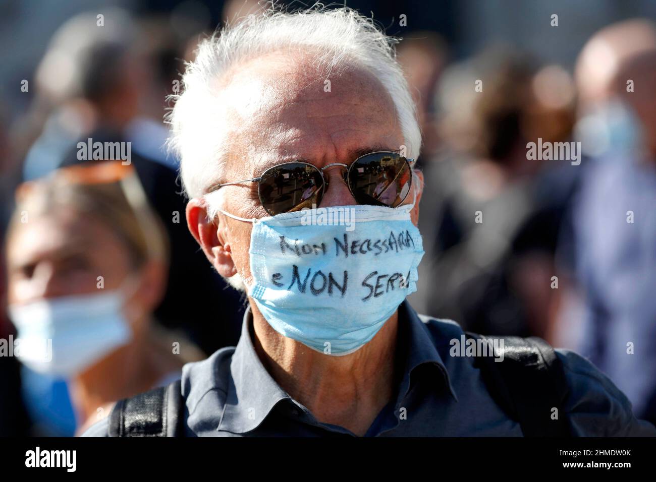 Italy, Rome, October 10, 2020 : Protest against the government restriction measures to curb the spread of the COVID-19. People Negationists and No Mas Stock Photo