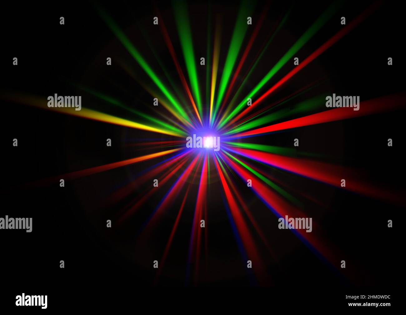 An illustration rendered in 3d of intense colorful light rays radiating from a bright spot against a black background. Stock Photo