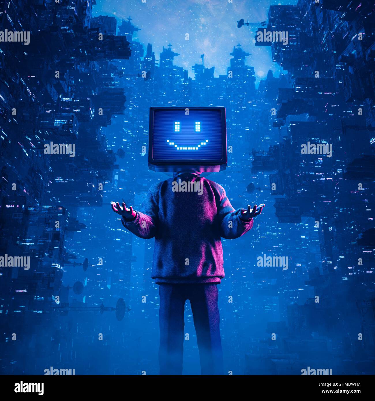 Gamer monitor head smiley media concept - 3D illustration of hoodie wearing character with smiling computer display face standing in futuristic city Stock Photo