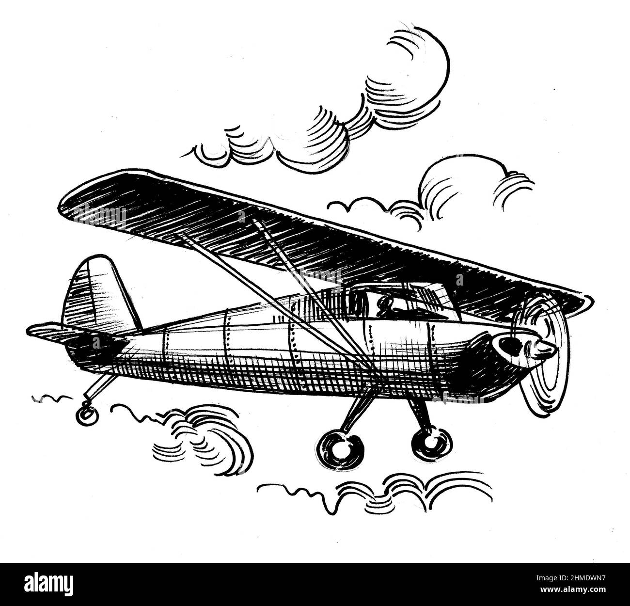 Flying retro aircraft. Ink black and white drawing Stock Photo - Alamy