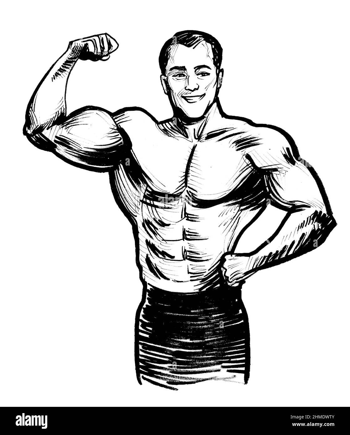 Strong man flexing biceps. Ink black and white drawing Stock Photo - Alamy