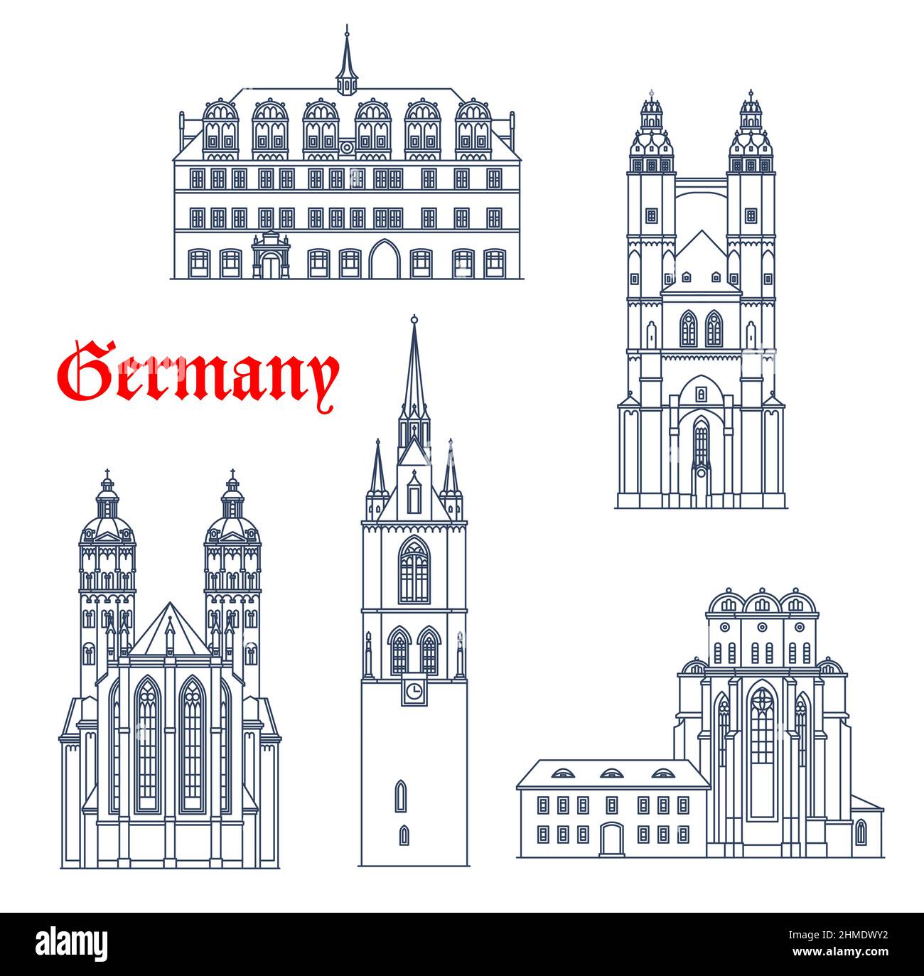 Germany architecture buildings, cathedrals and churches of Halle and Naumburg, vector. German travel landmarks Saale rathaus, Halle Dom cathedral and Stock Vector