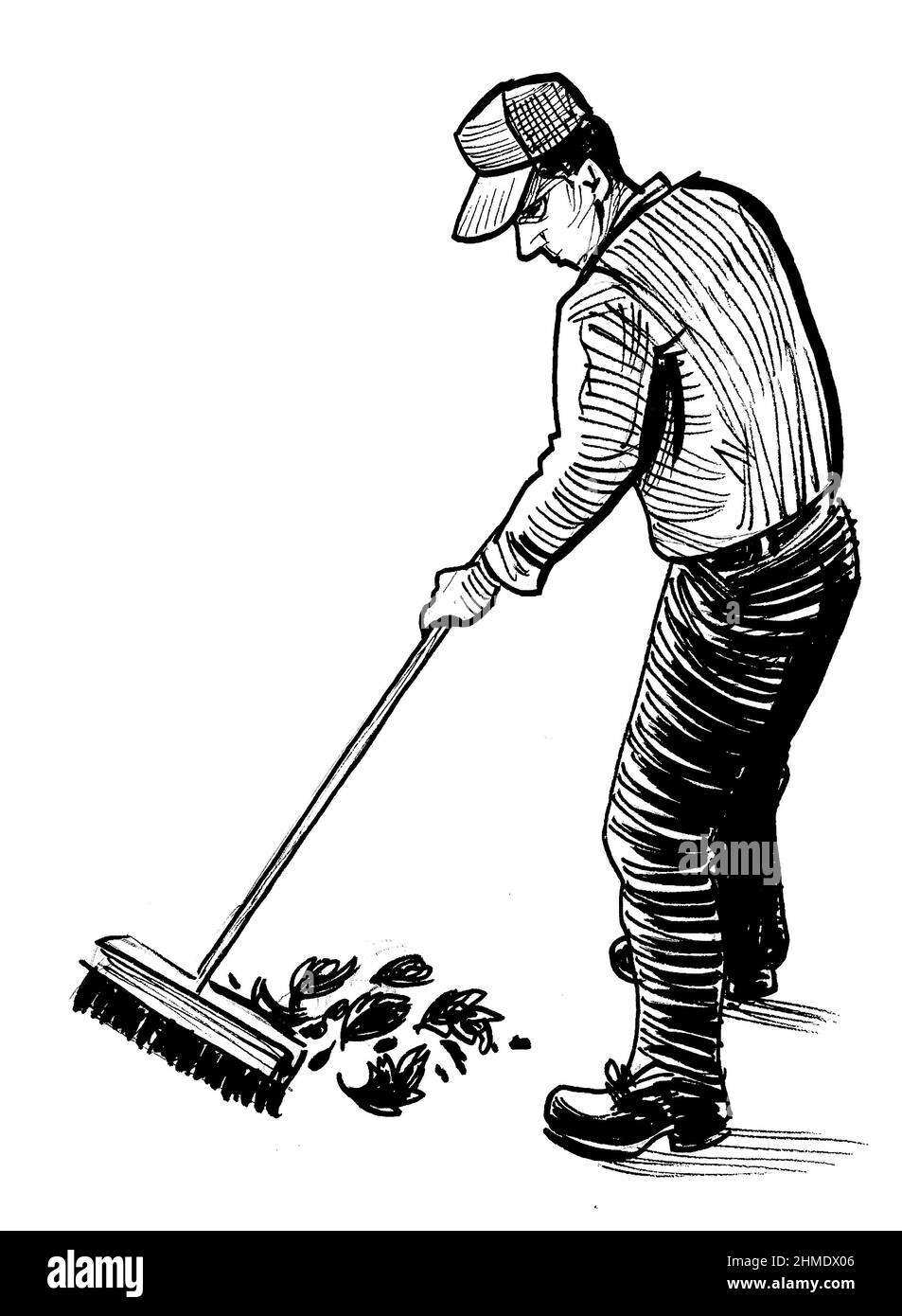 Man sweeping autumn leaves. Ink black and white drawing Stock Photo Alamy