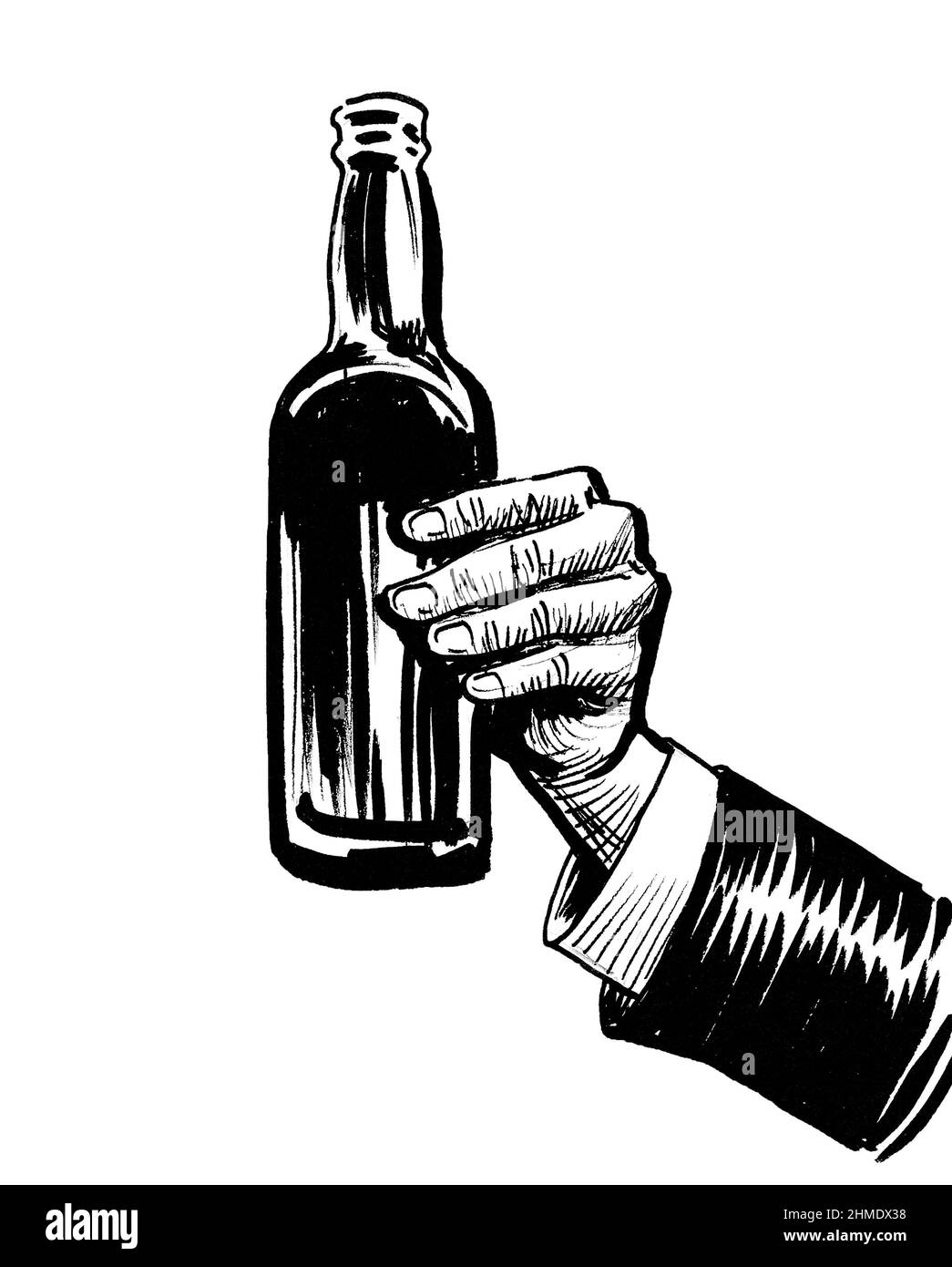 Hand holding a bottle of beer. Ink black and white drawing Stock Photo