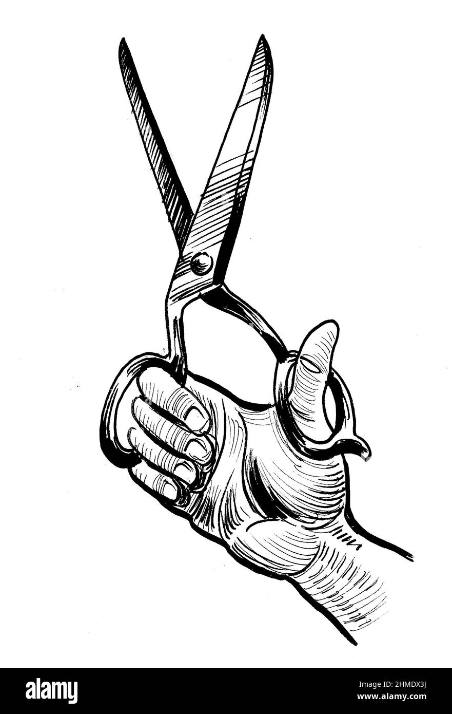 Hand holding scissors. Ink black and white drawing Stock Photo Alamy
