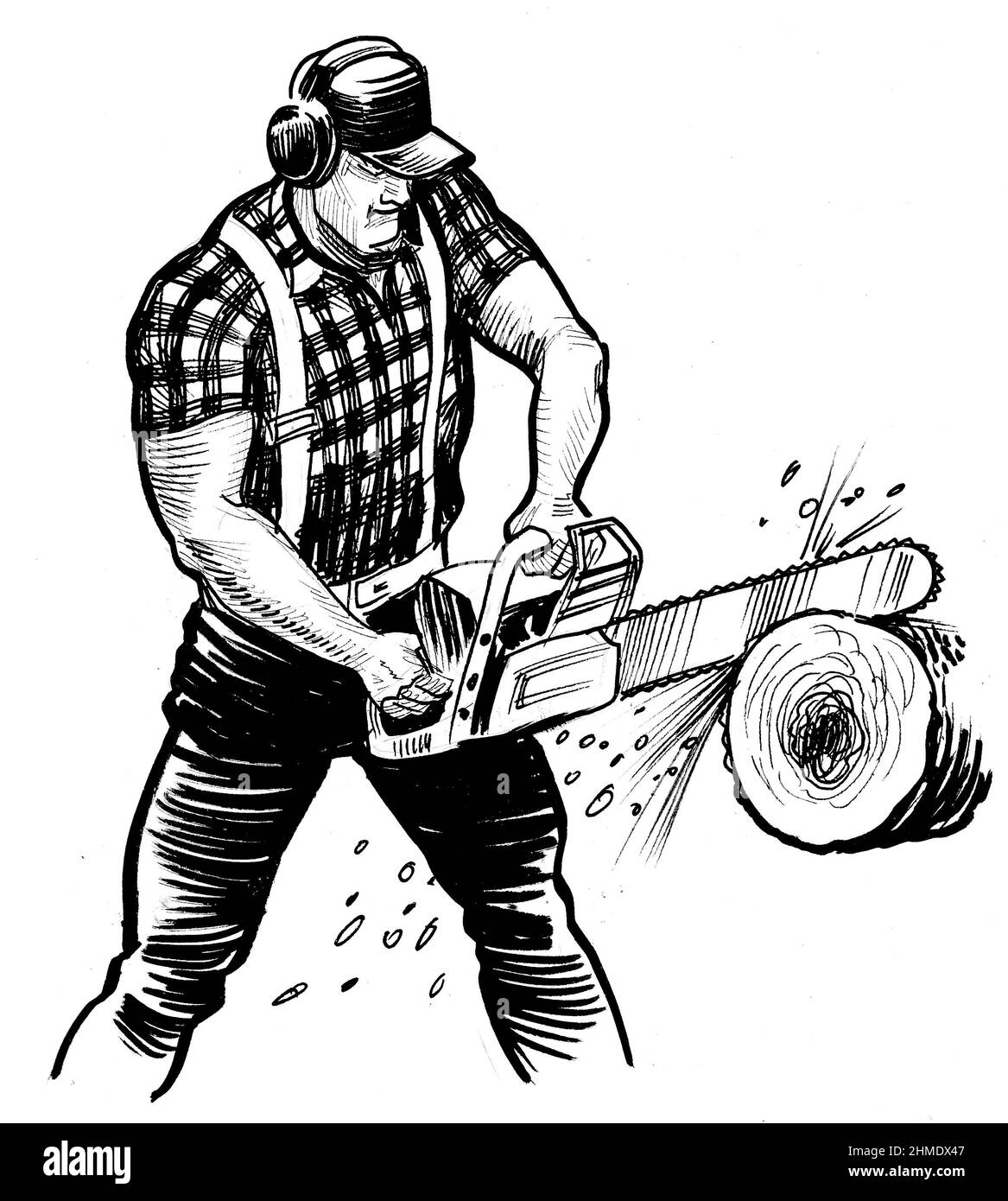 Lumberjack sawing wooden log with chainsaw. Ink black and white drawing Stock Photo