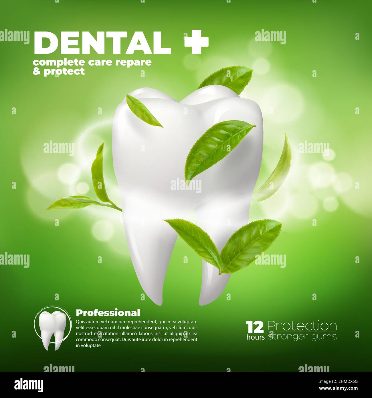 Dental care flying green leaves, herbal toothpaste and realistic tooth