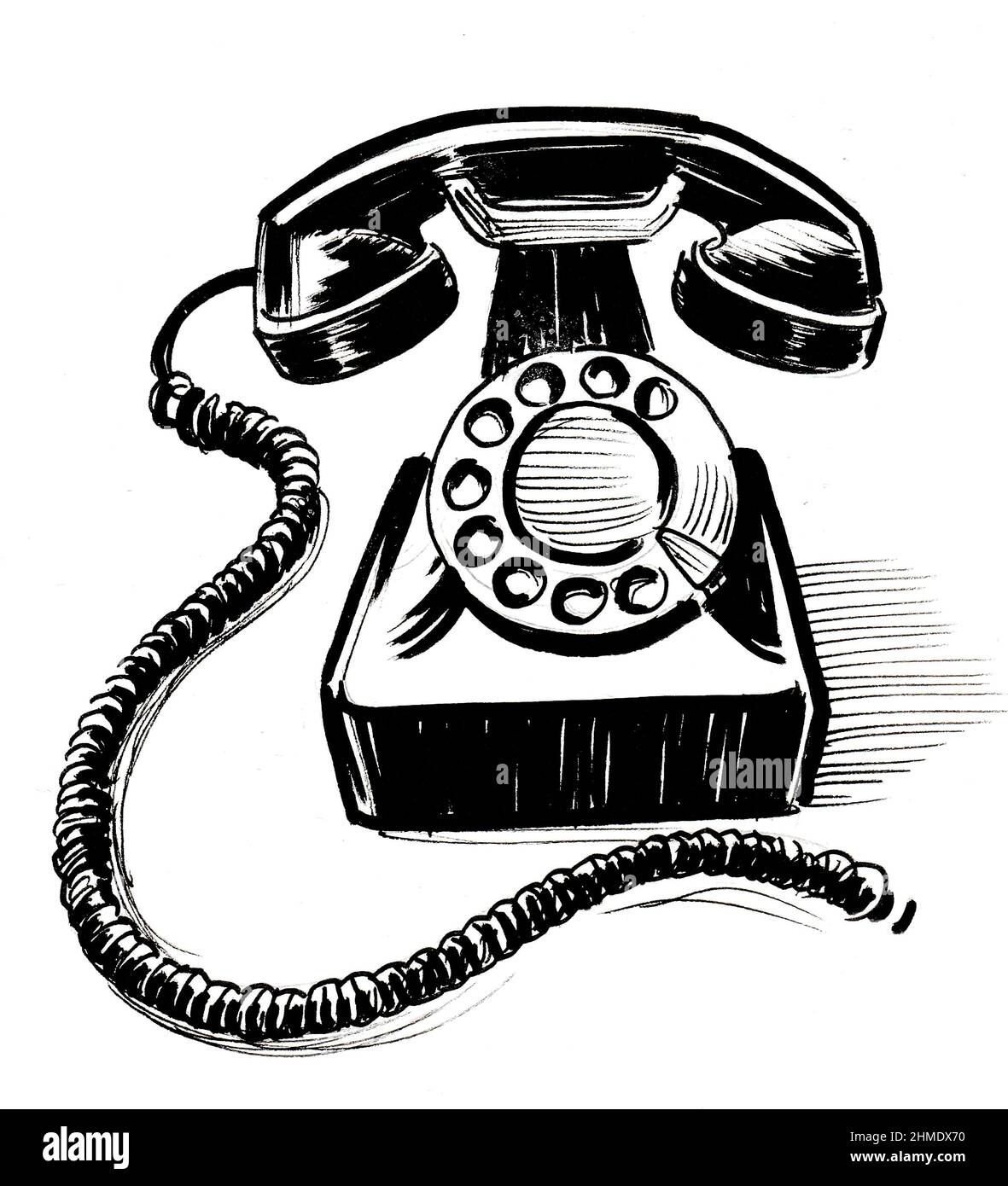 Retro telephone. Ink black and white drawing Stock Photo - Alamy