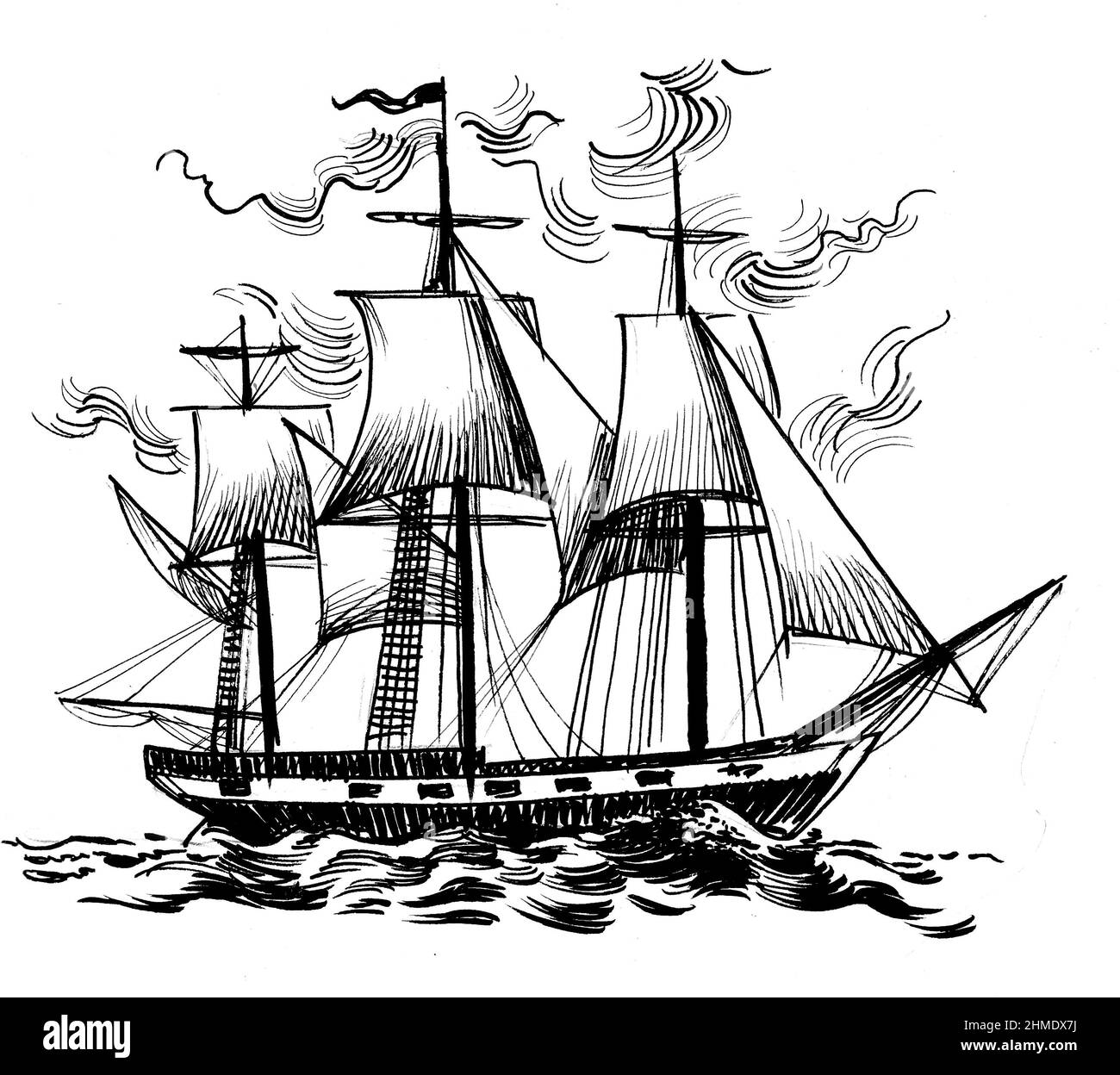 Sailing ship at the sea. Ink black and white drawing Stock Photo - Alamy