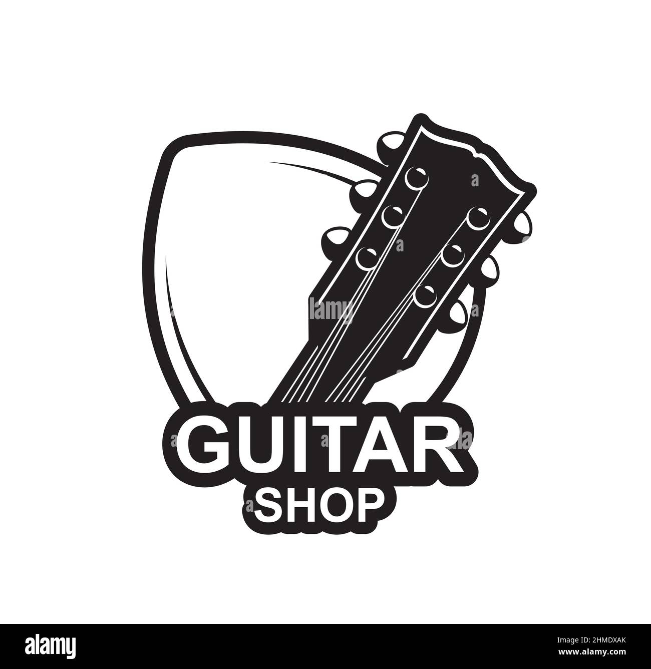 Guitar shop icon, acoustic musical guitar vector emblem for concert or band instruments. Musician instruments store with rock or pop band guitars, bas Stock Vector