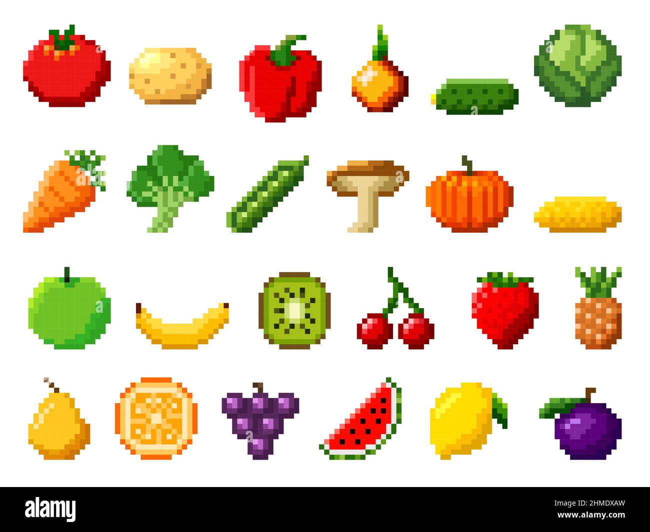Retro pixel art food isolated icons with 8bit pixel fruits and ...