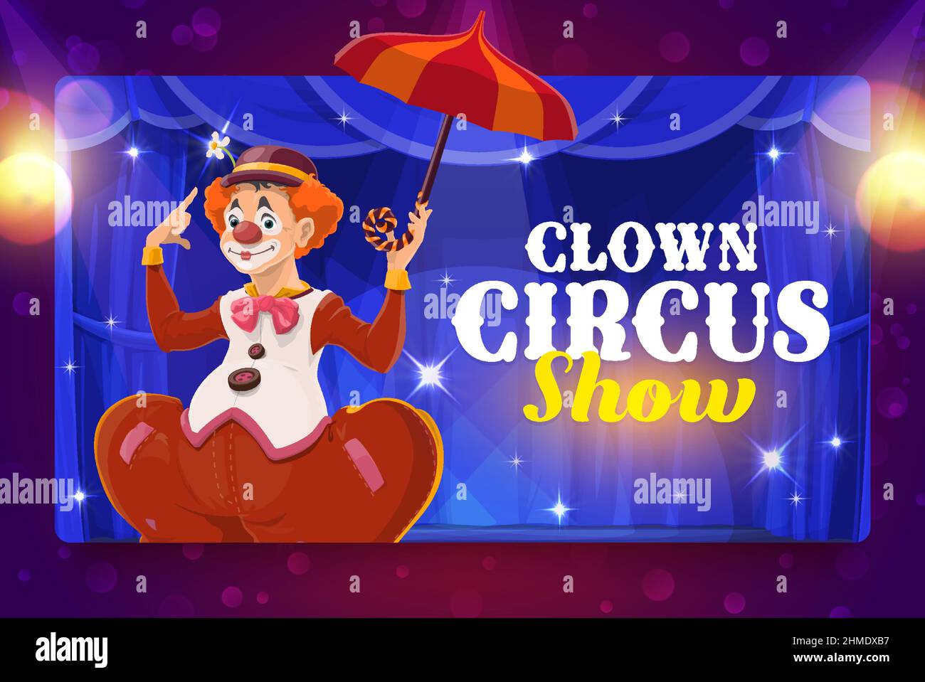 Shapito circus cartoon clown with umbrella on stage. Vector banner of ...