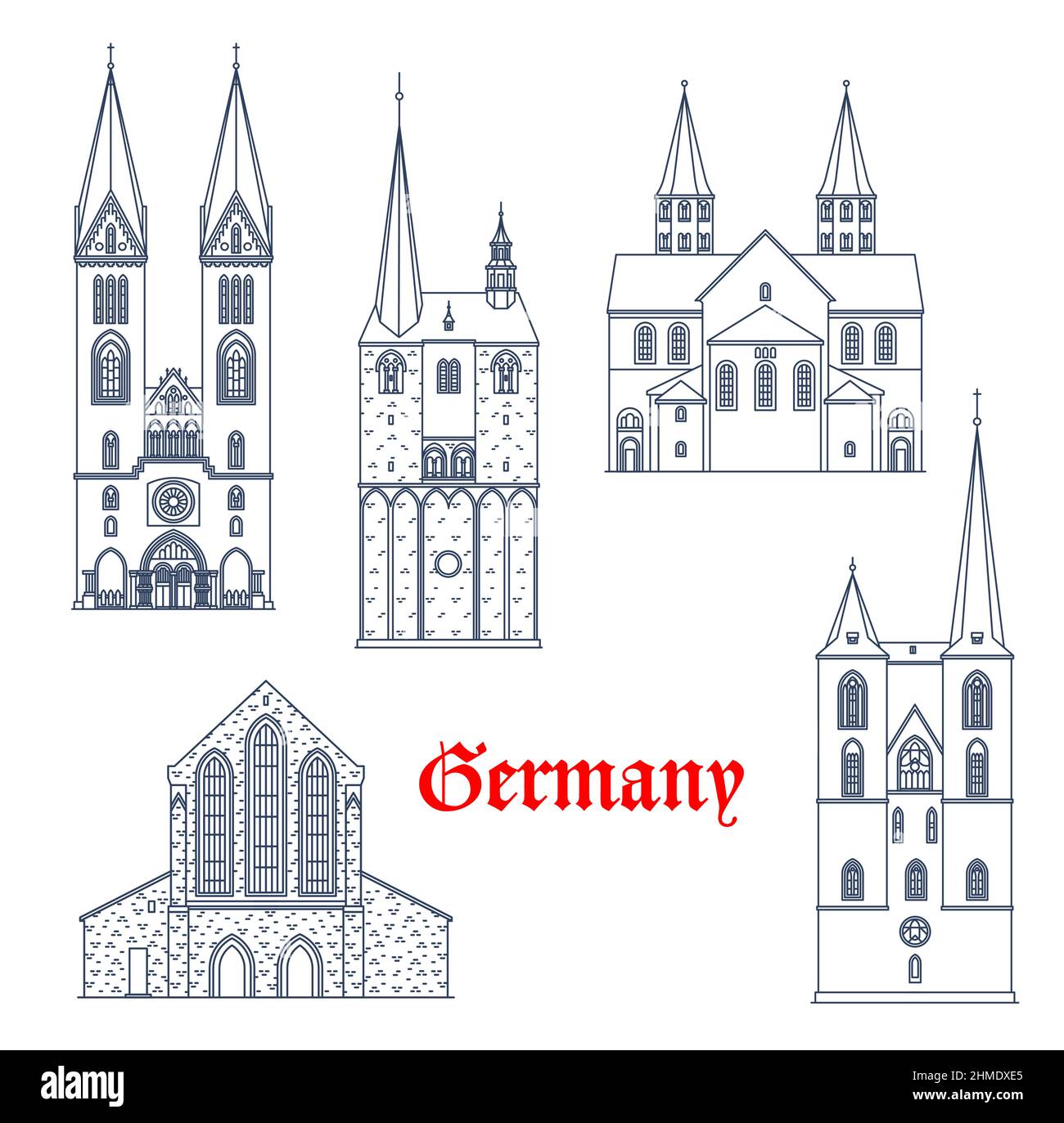 Germany architecture buildings of Quedlinburg and Halberstadt, vector cathedrals and churches. German travel landmarks of Sachsen Anhalt, Liebfrauenki Stock Vector