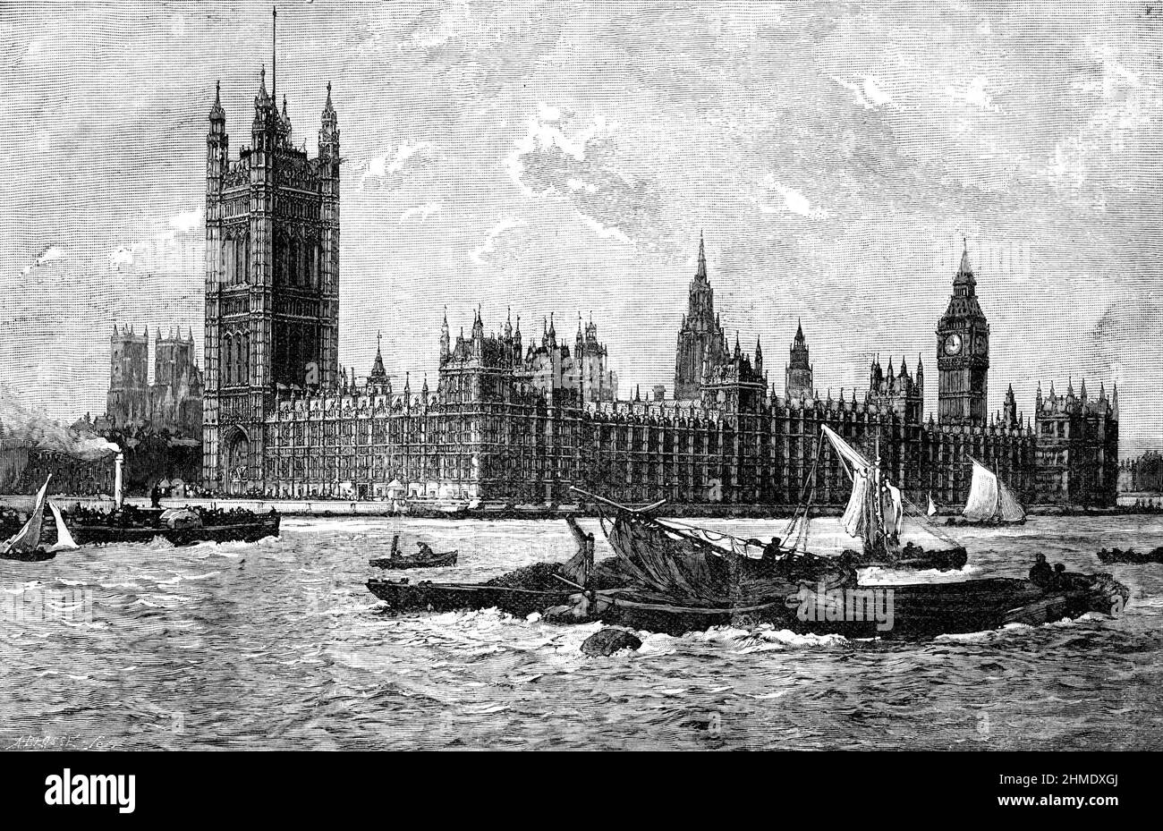 Black and White Illustration; Houses of Parliament, London, in the 1890s Stock Photo
