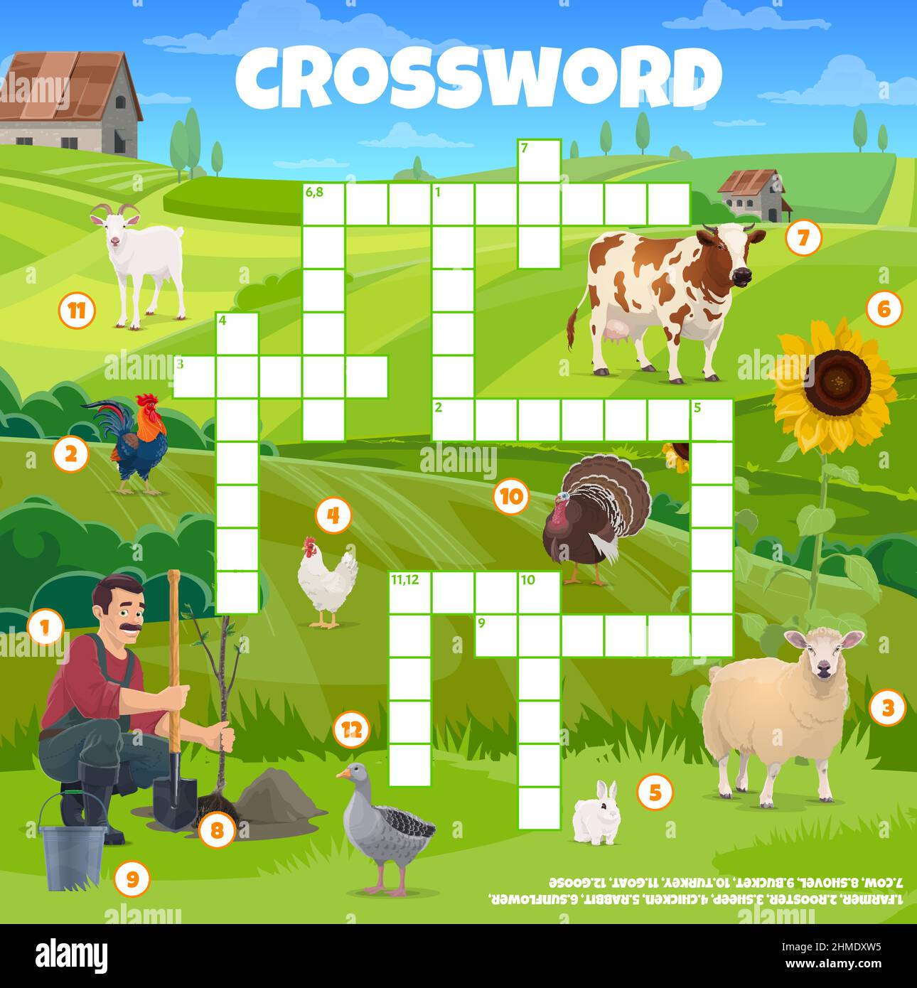 Agriculture farming crossword puzzle game vector worksheet, cartoon farmer  and farm animals. Kids crossword logical quiz, playing activity page with c  Stock Vector Image & Art - Alamy