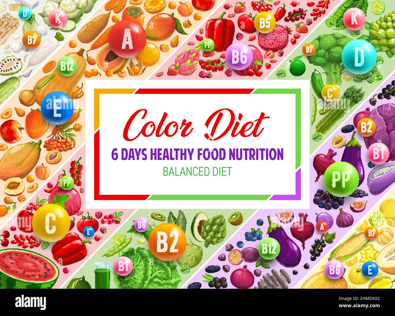 Healthy food nutrition, color rainbow diet banner with vitamins and