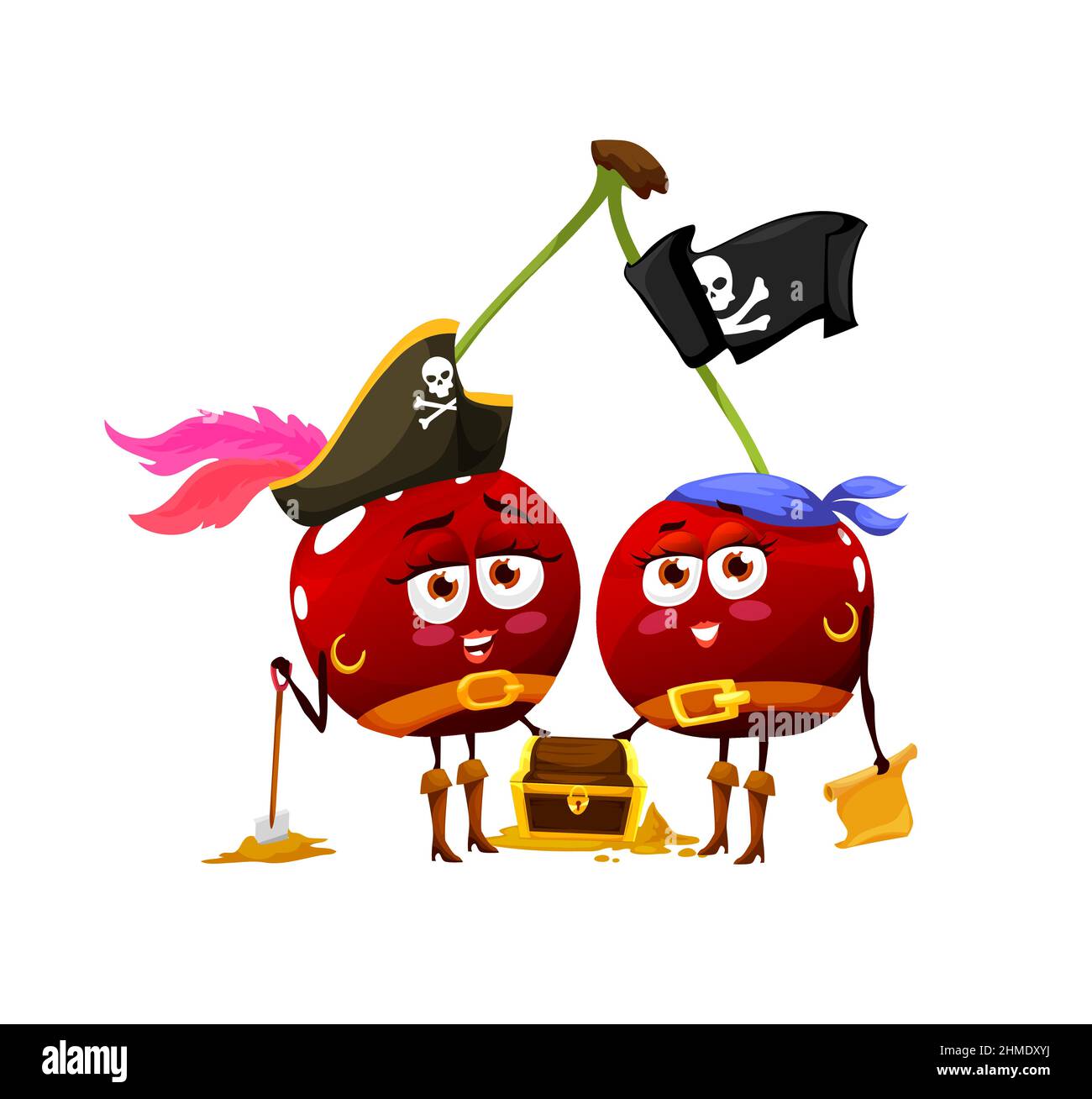 Funny cartoon cherry twins pirate characters with treasure chest and map, vector kids personage. Funny cherries or fruits food as Caribbean pirate sai Stock Vector