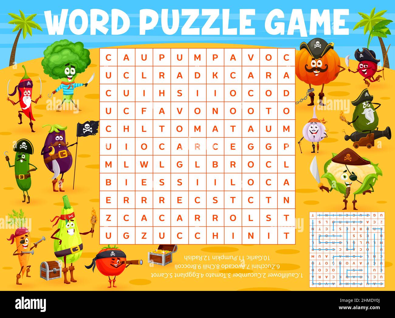 Cartoon vegetable pirates and corsairs on island, word search puzzle
