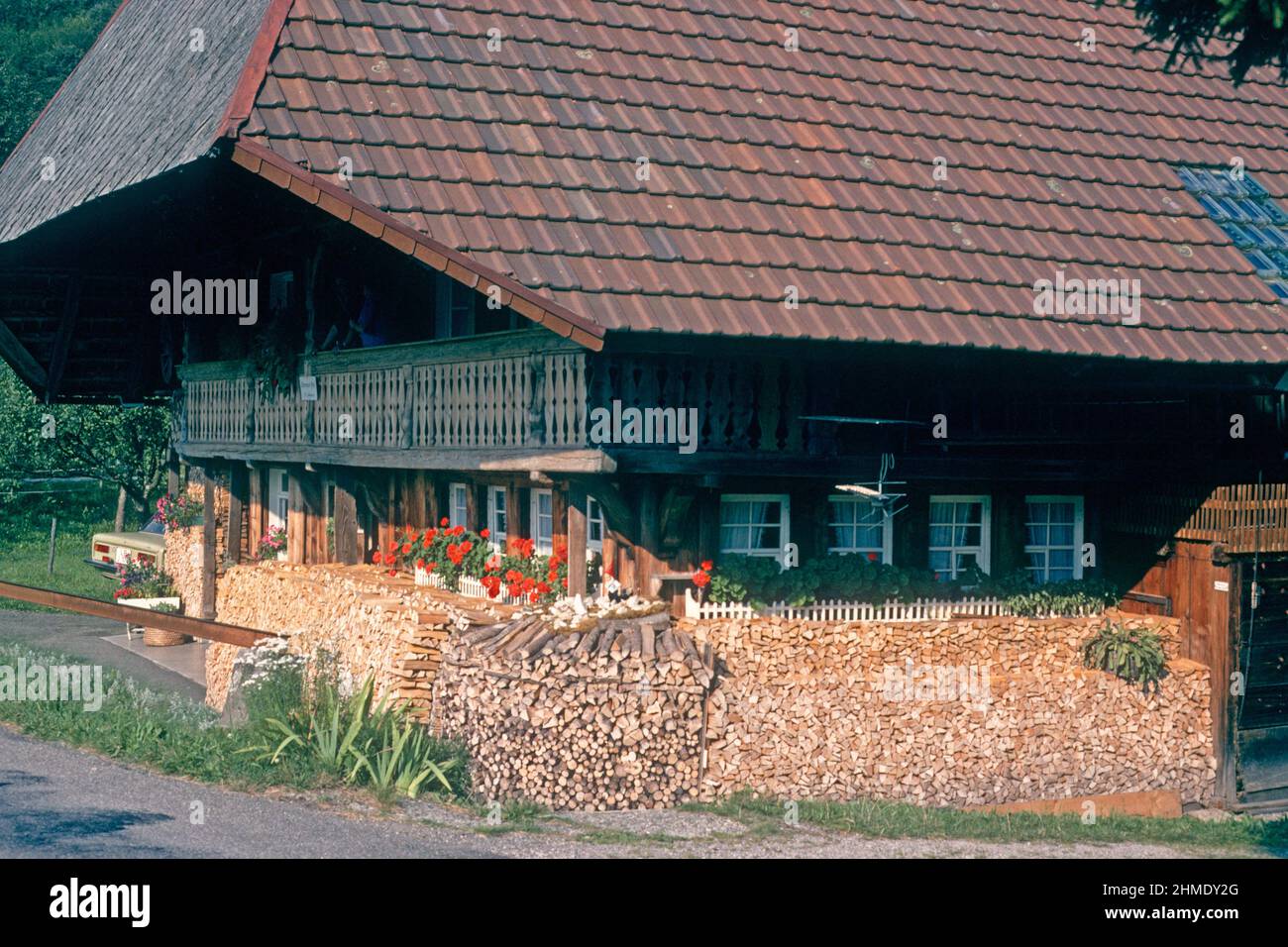 Traditional house with log store outside in 1981, Geschwend, Baden-Württemberg, Germany Stock Photo