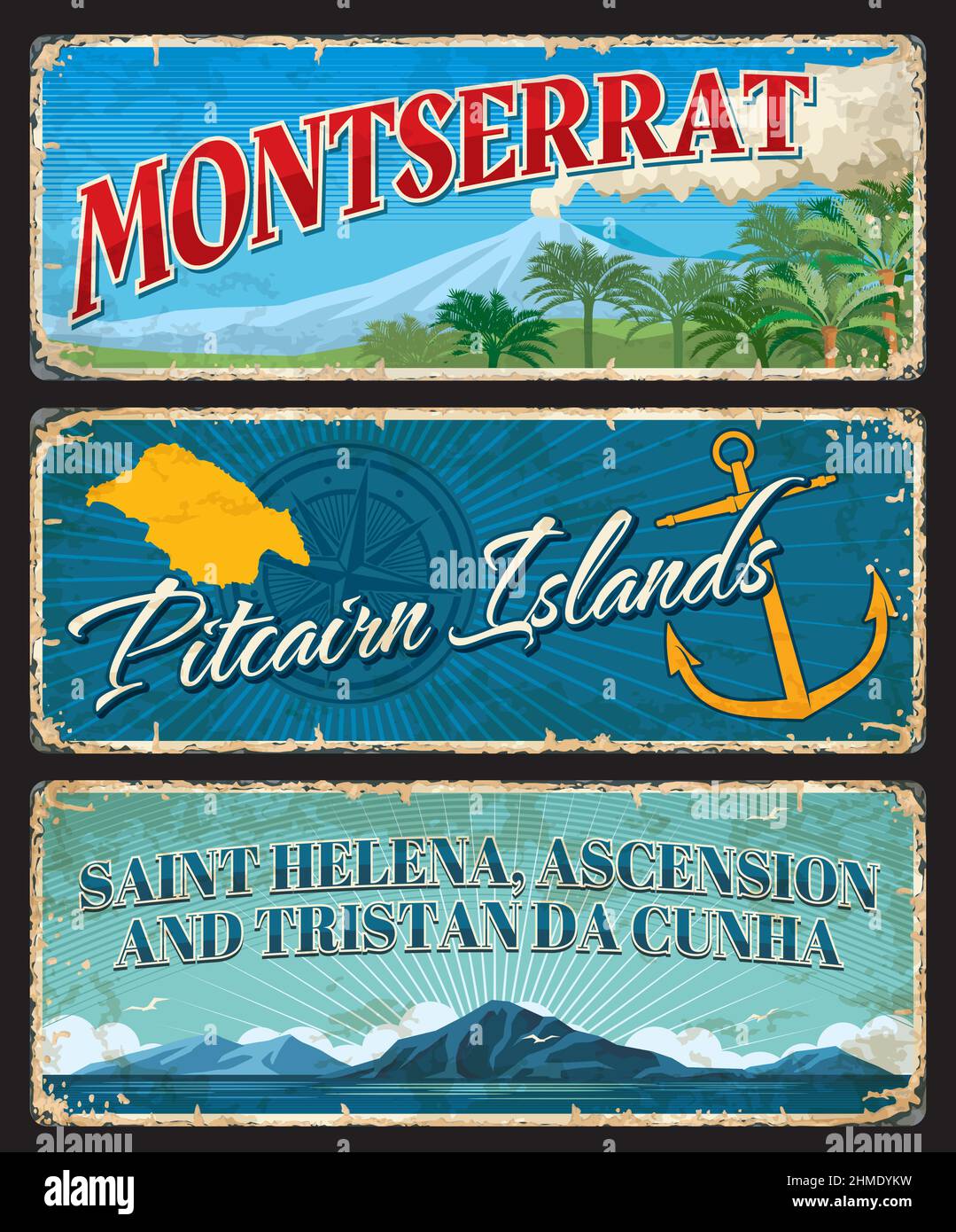 Montserrat, Pitcairn Islands and Saint Helena, Ascension and Tristan Da Cunha travel stickers and plates. Britain territories retro tin sign, grunge v Stock Vector