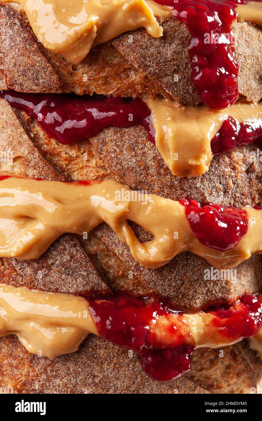 peanut butter and jam sandwich, american traditional bread toast Stock