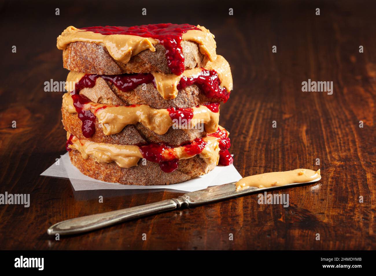peanut butter and jam sandwich, american traditional bread toast Stock