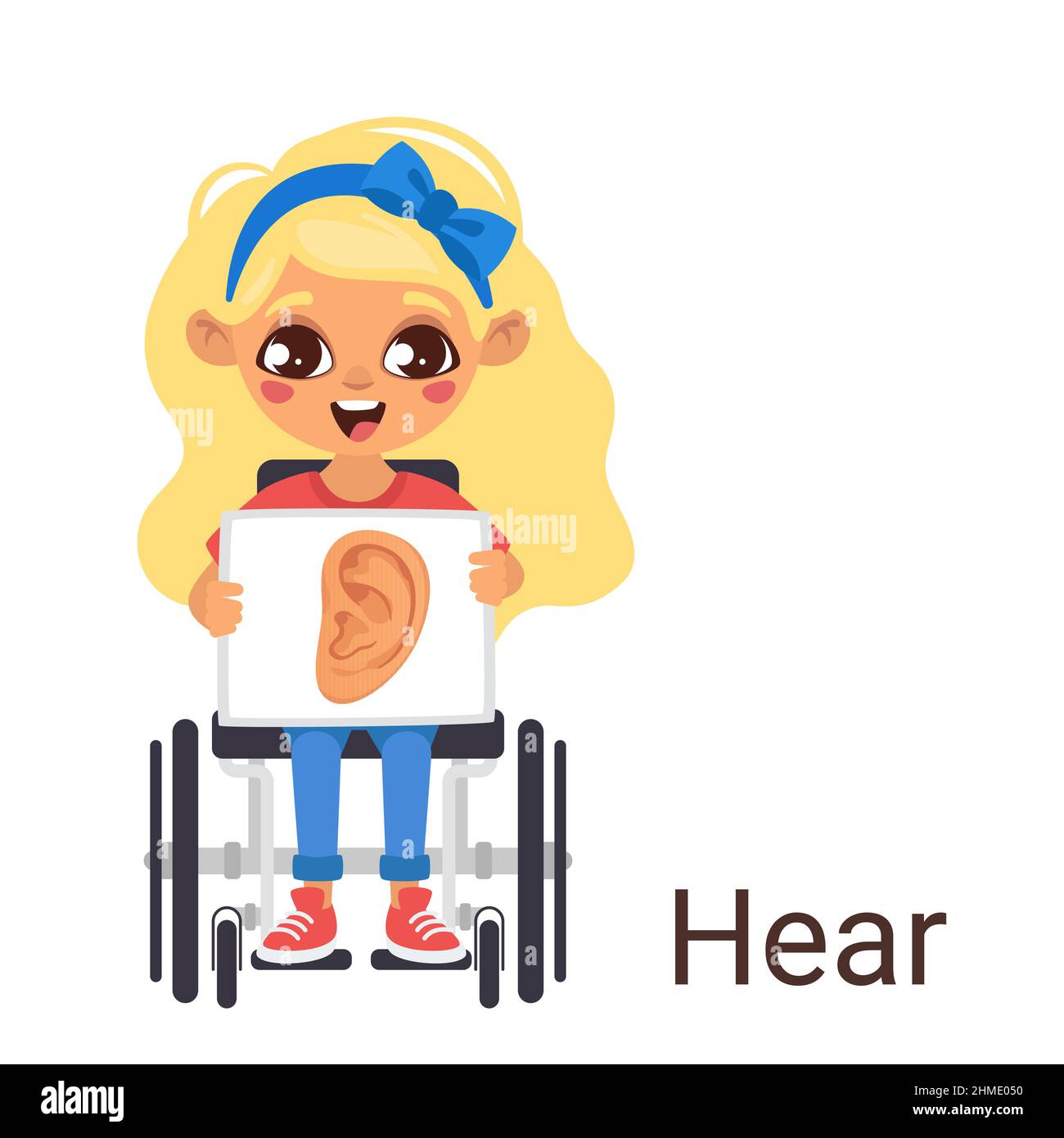 kid in wheelchair holding poster with ear Stock Vector