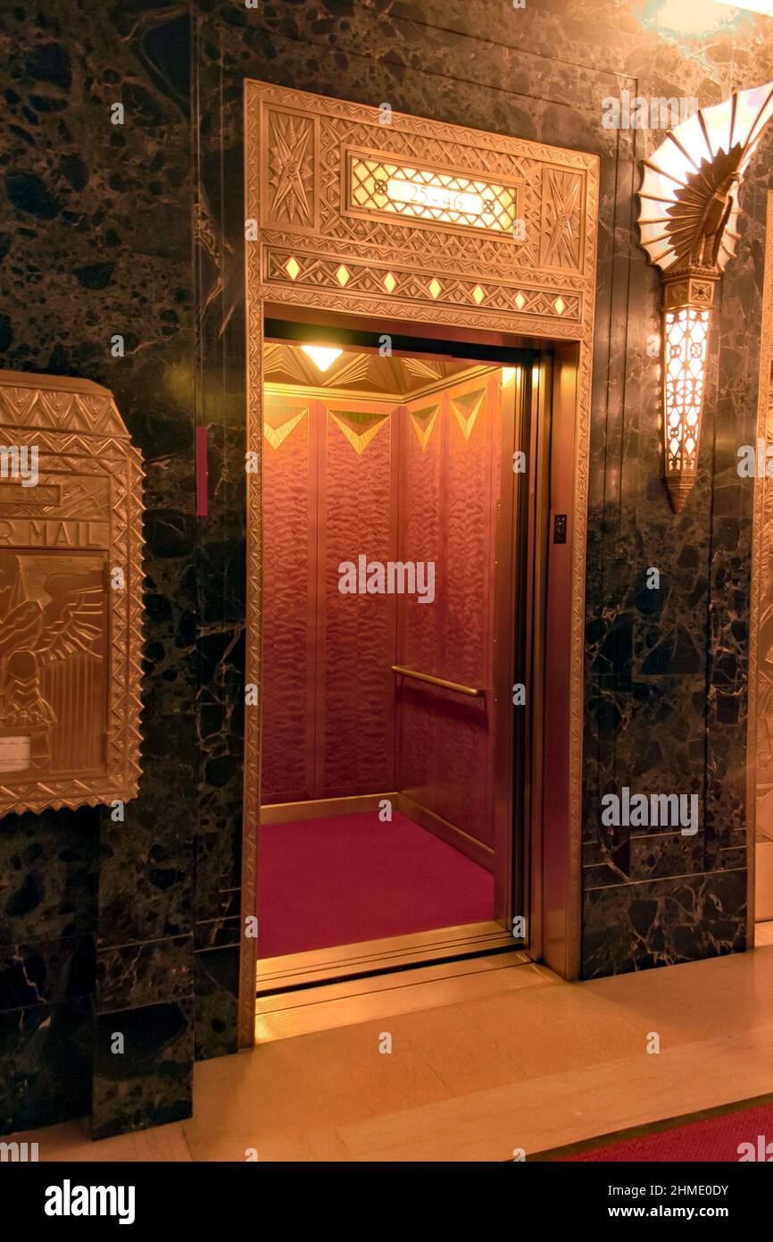 Art Deco Elevator in One North LaSalle Building, Chicago, Illinois Stock Photo