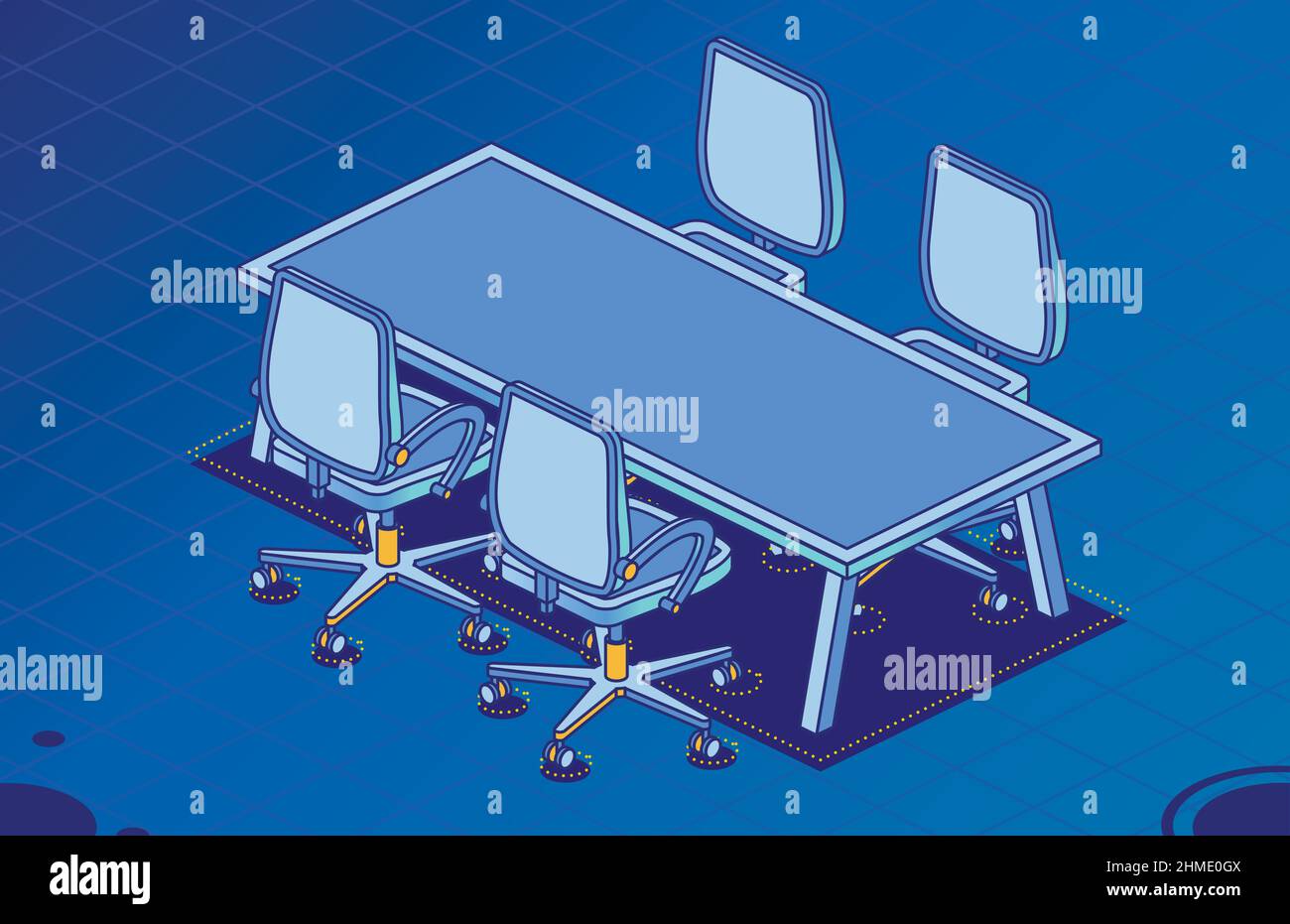 Four Isometric Office Chairs on Wheels and Modern Table with Four Legs ...