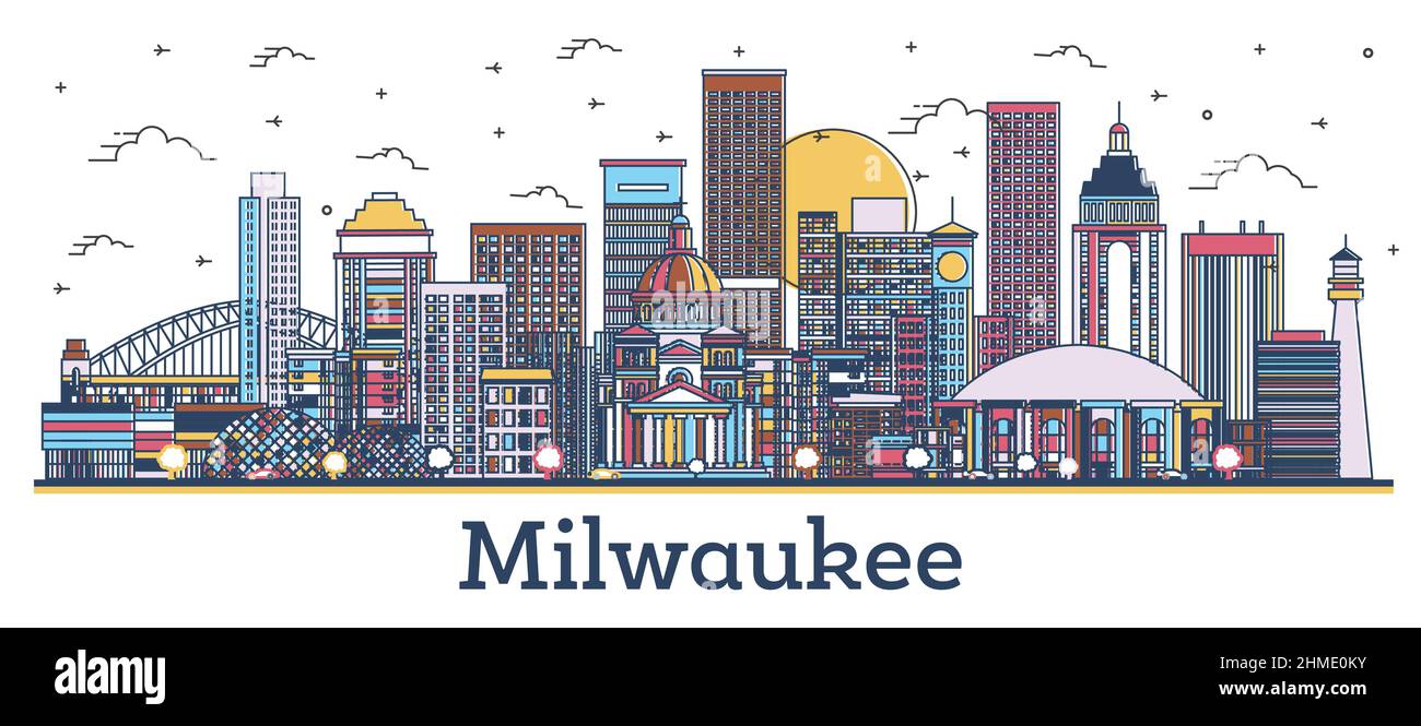 Outline Milwaukee Wisconsin City Skyline with Colored Buildings Isolated on White. Vector Illustration. Milwaukee USA Cityscape with Landmarks. Stock Vector