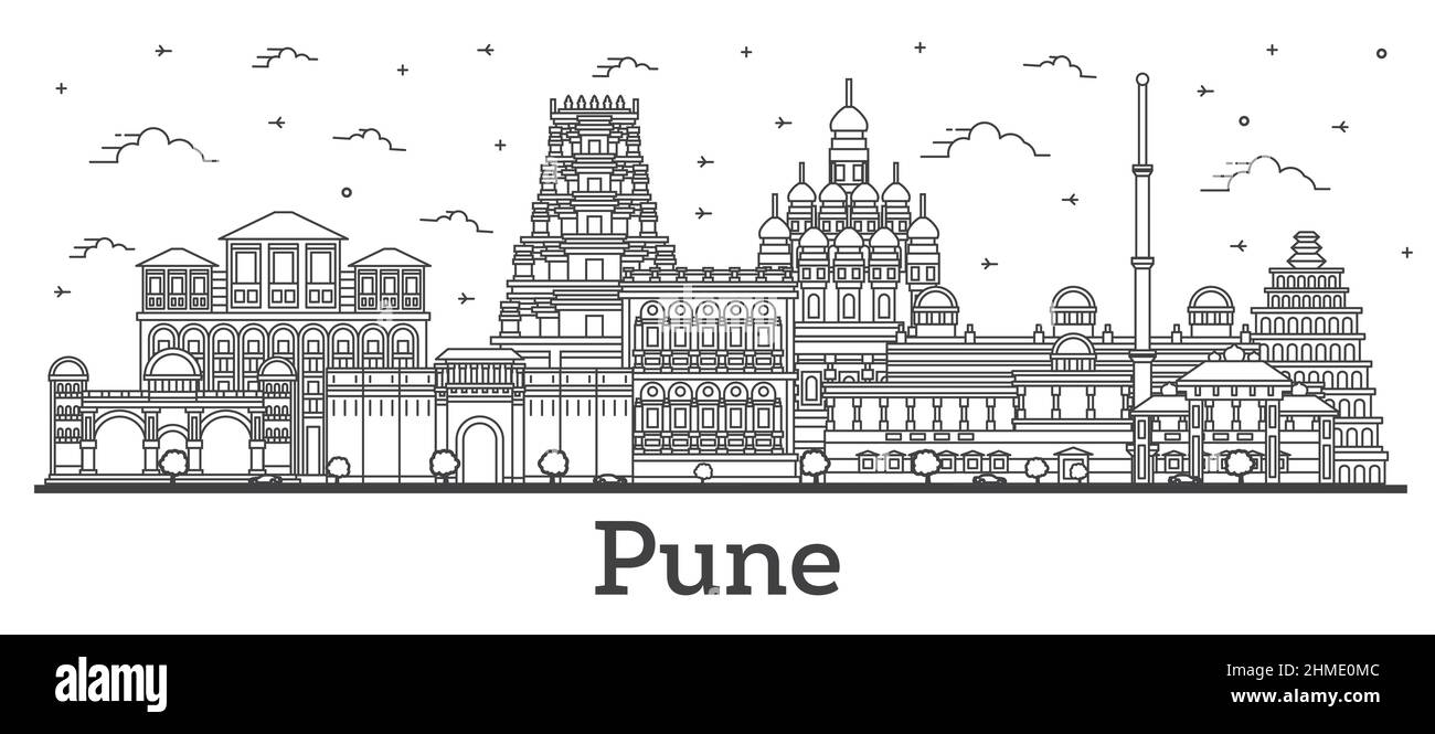 Outline Pune India City Skyline with Historic Buildings Isolated on White. Vector Illustration. Pune Maharashtra Cityscape with Landmarks. Stock Vector