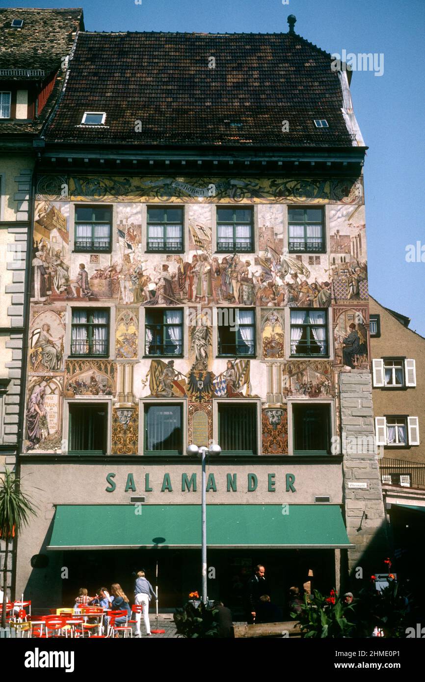 Highly decorated shop facade in Obermarkt in 1981, Konstanz, Baden-Württemberg, Germany Stock Photo