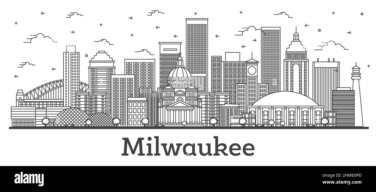 Outline Milwaukee Wisconsin City Skyline with Modern Buildings Isolated on White. Vector Illustration. Milwaukee USA Cityscape with Landmarks. Stock Vector