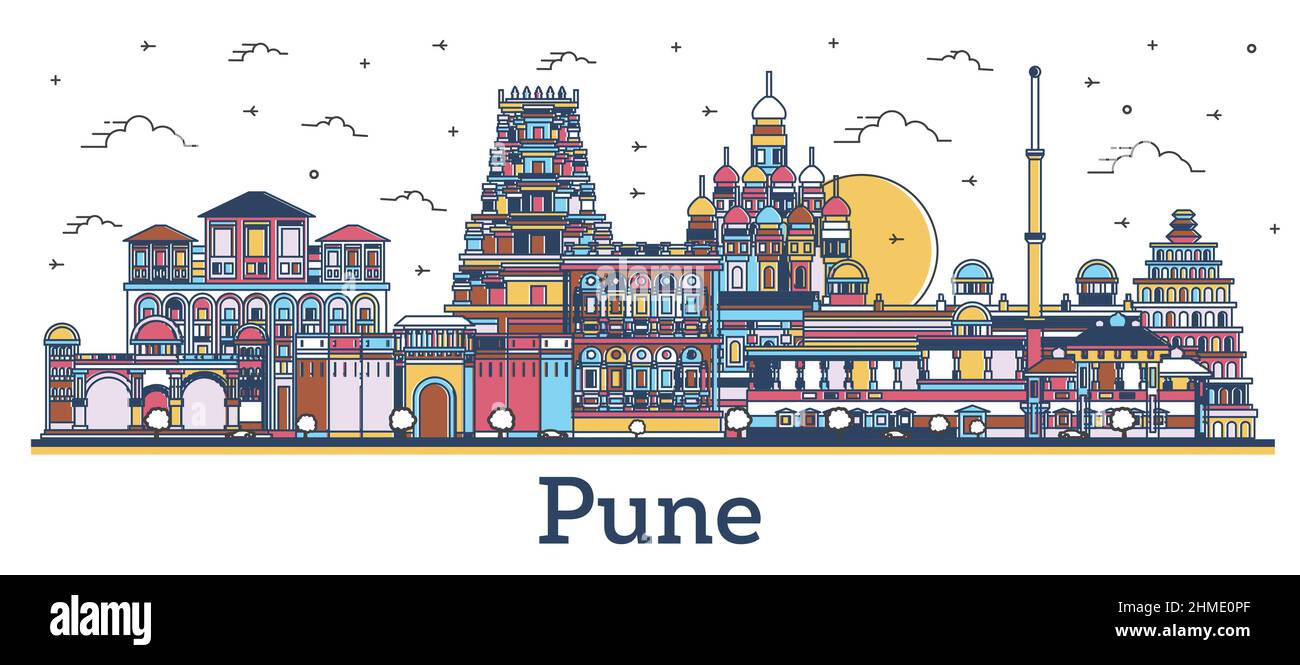 Outline Pune India City Skyline with Colored Buildings Isolated on White. Vector Illustration. Pune Maharashtra Cityscape with Landmarks. Stock Vector
