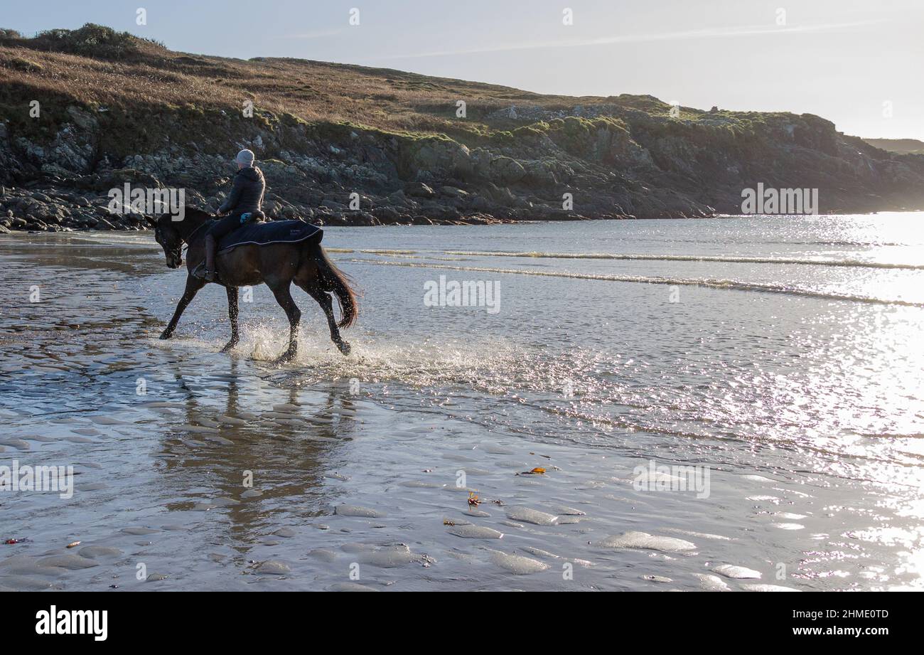 Woman in Silhouette or backlit riding horse through surf Stock Photo